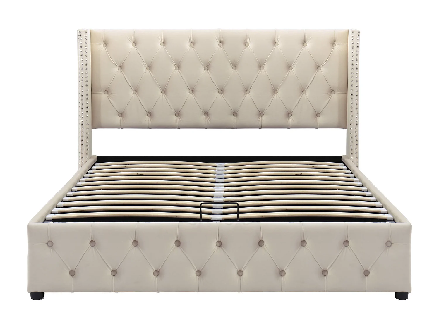 Lit coffre 140x190 cm - lit double en forme d'oreille double rangée de rivets - lit double - velours - beige