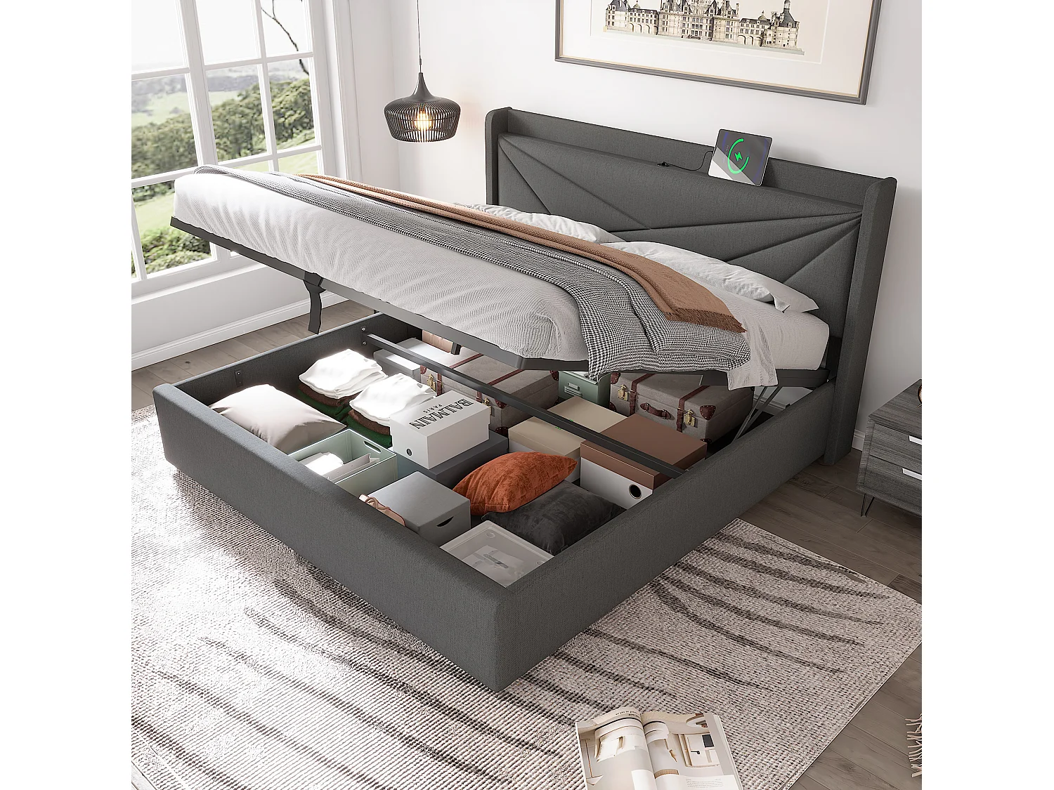 Lit coffre 180x200 cm - lit double capitonné avec tête de lit avec chargement USB Type C - lin - gris - sans matelas