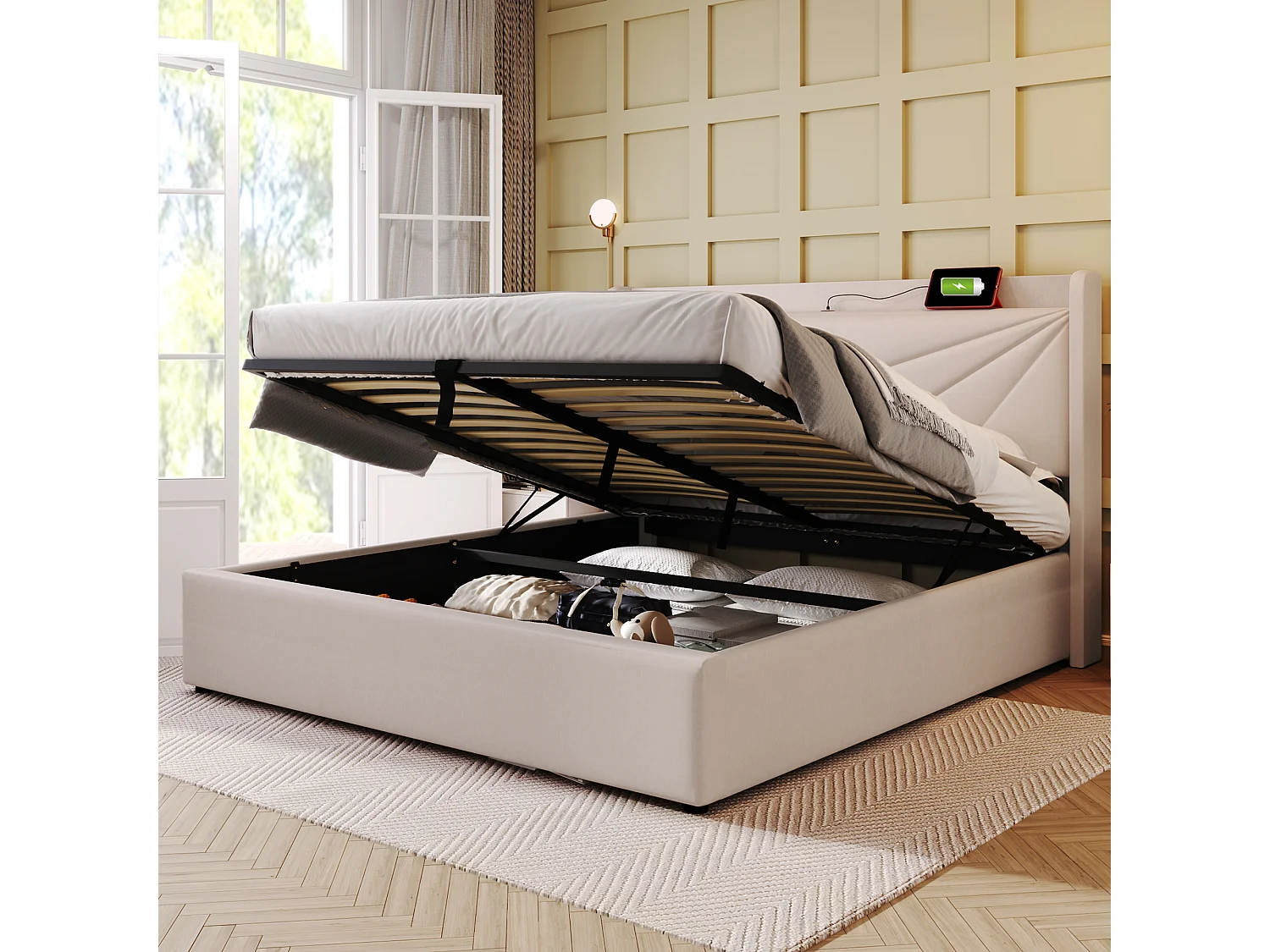 Letto contenitore 180x200 cm - letto matrimoniale con testiera imbottita con ricarica USB Type C - lino - beige - senza materasso