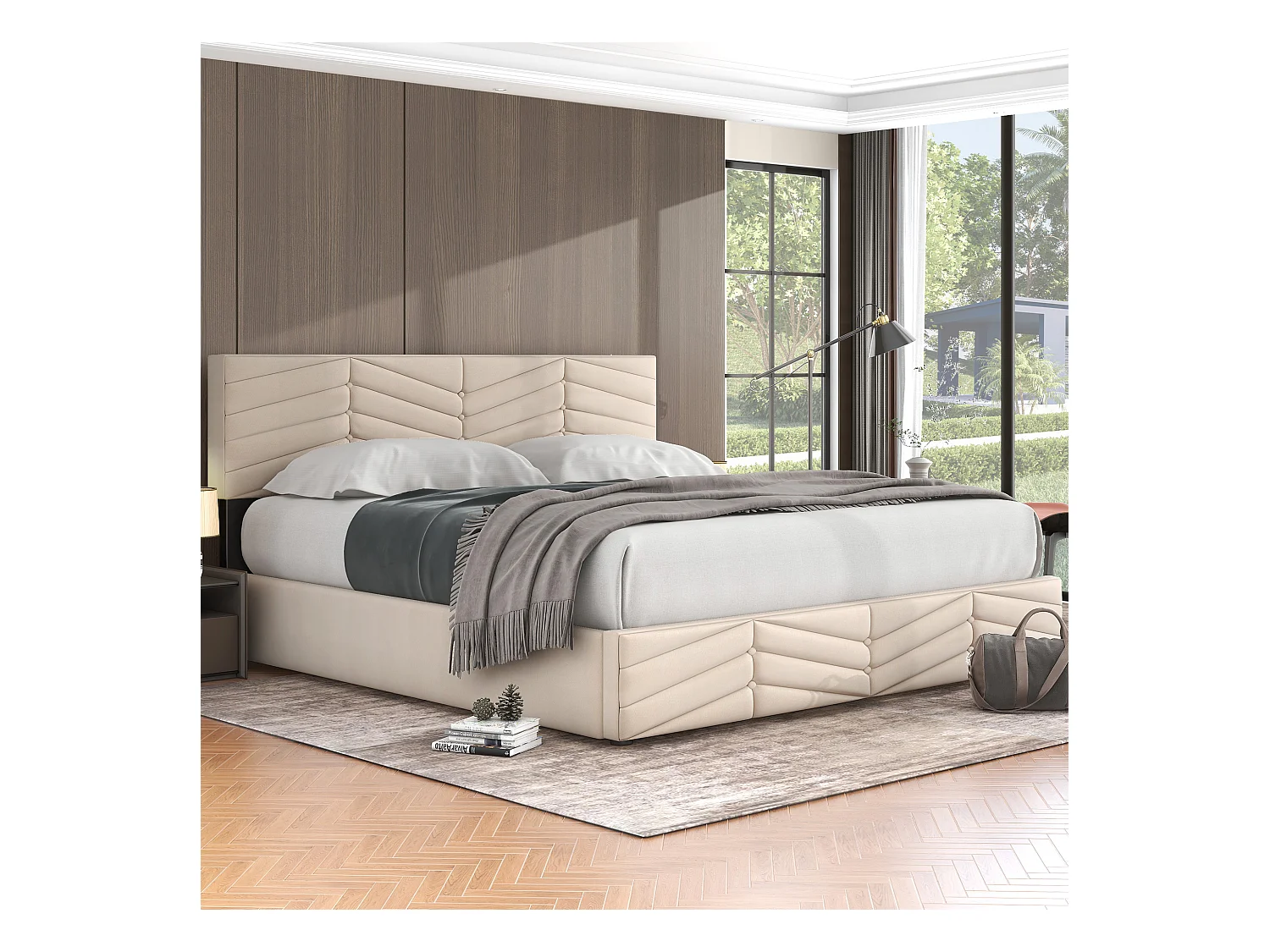 Letto contenitore 180x200 cm - letto imbottito con testiera regolabile in altezza - stile rigato - velluto - beige