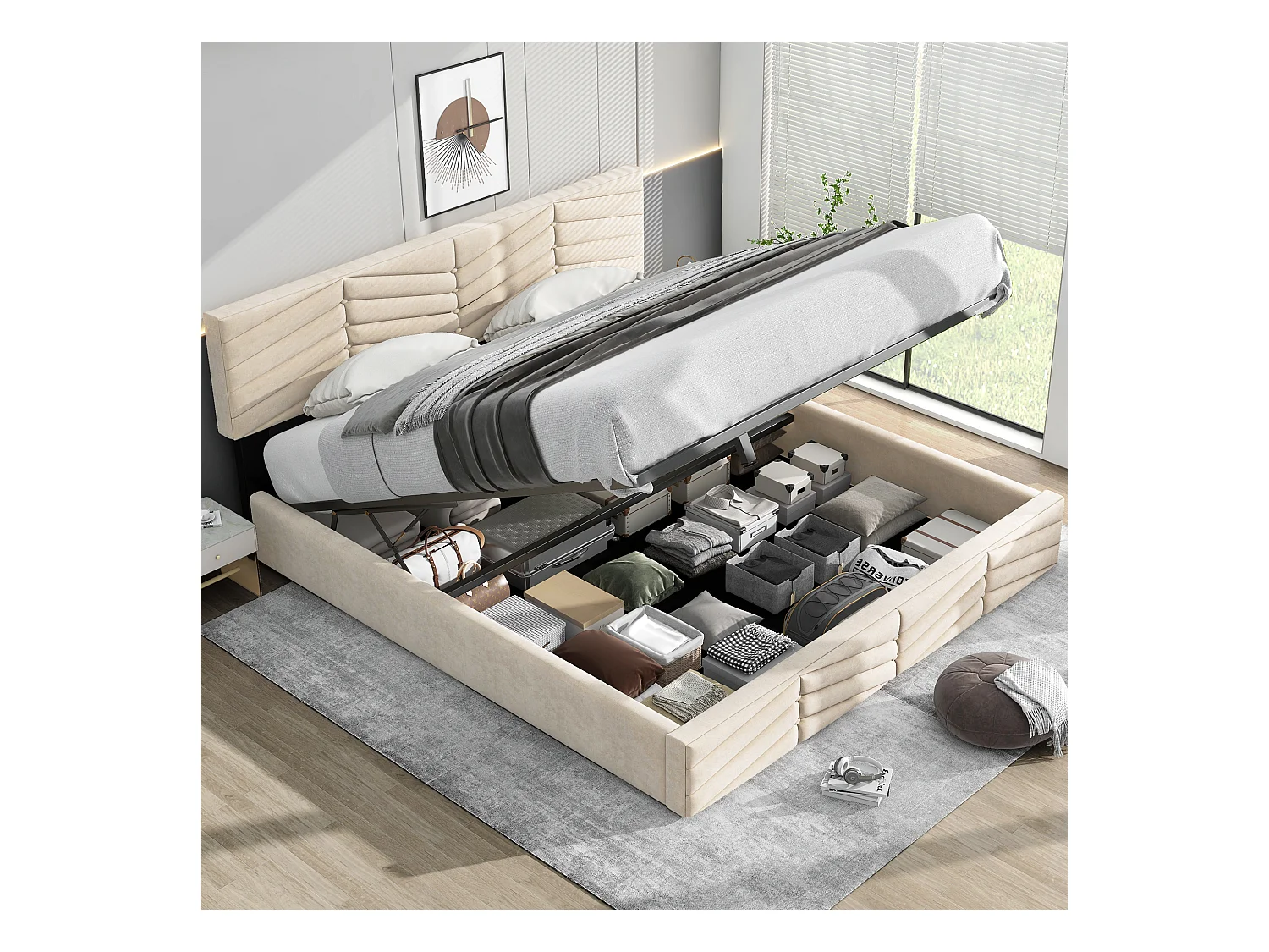 Letto contenitore 180x200 cm - letto imbottito con testiera regolabile in altezza - stile rigato - velluto - beige