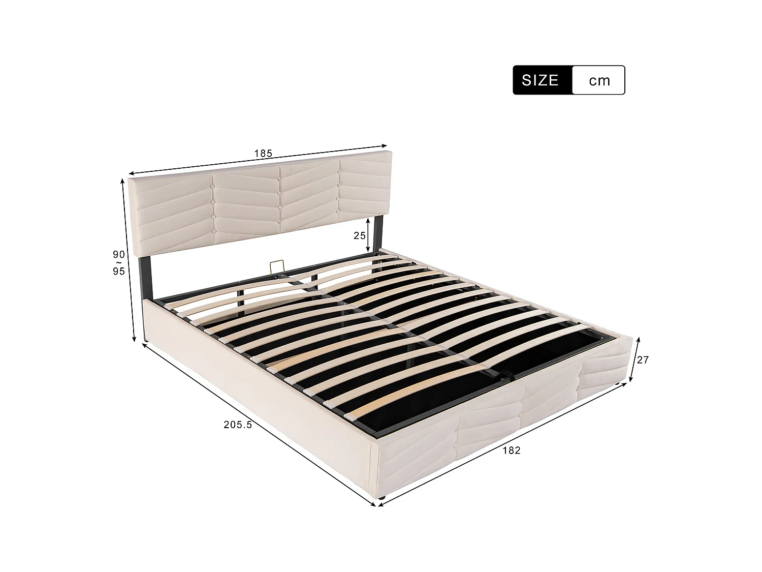 Letto contenitore 180x200 cm - letto imbottito con testiera regolabile in altezza - stile rigato - velluto - beige