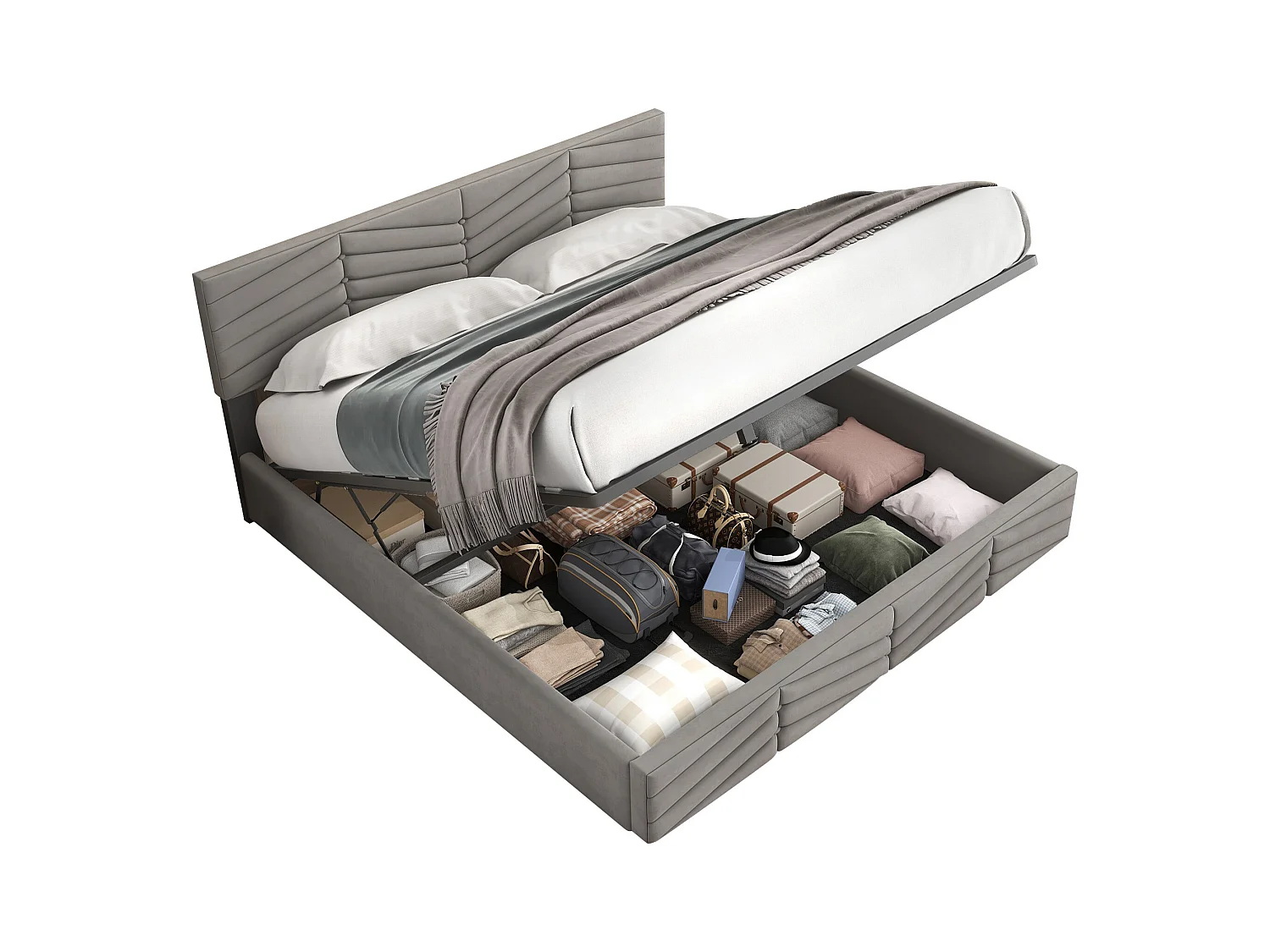 Lit coffre 180x200 cm - Lit adulte avec tête de lit réglable en hauteur - Style rayé - Velours - Gris