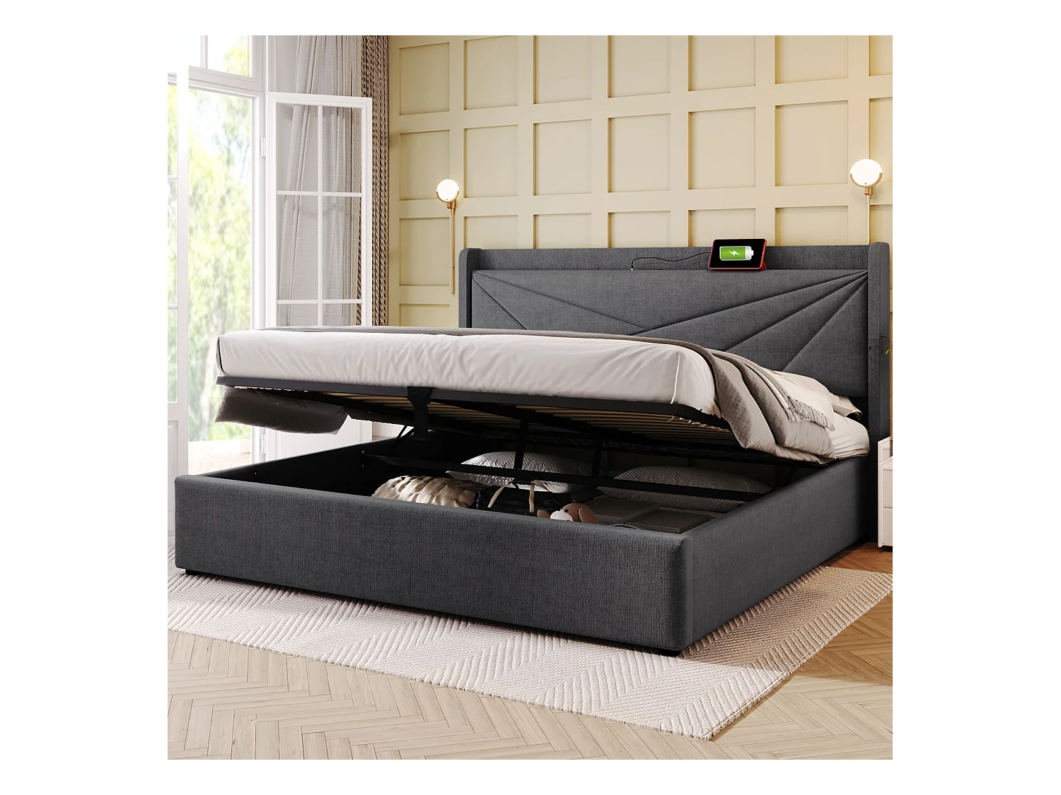 Lit coffre 140x200 cm - lit double capitonné avec tête de lit avec chargement USB Type C - lin - gris - sans matelas
