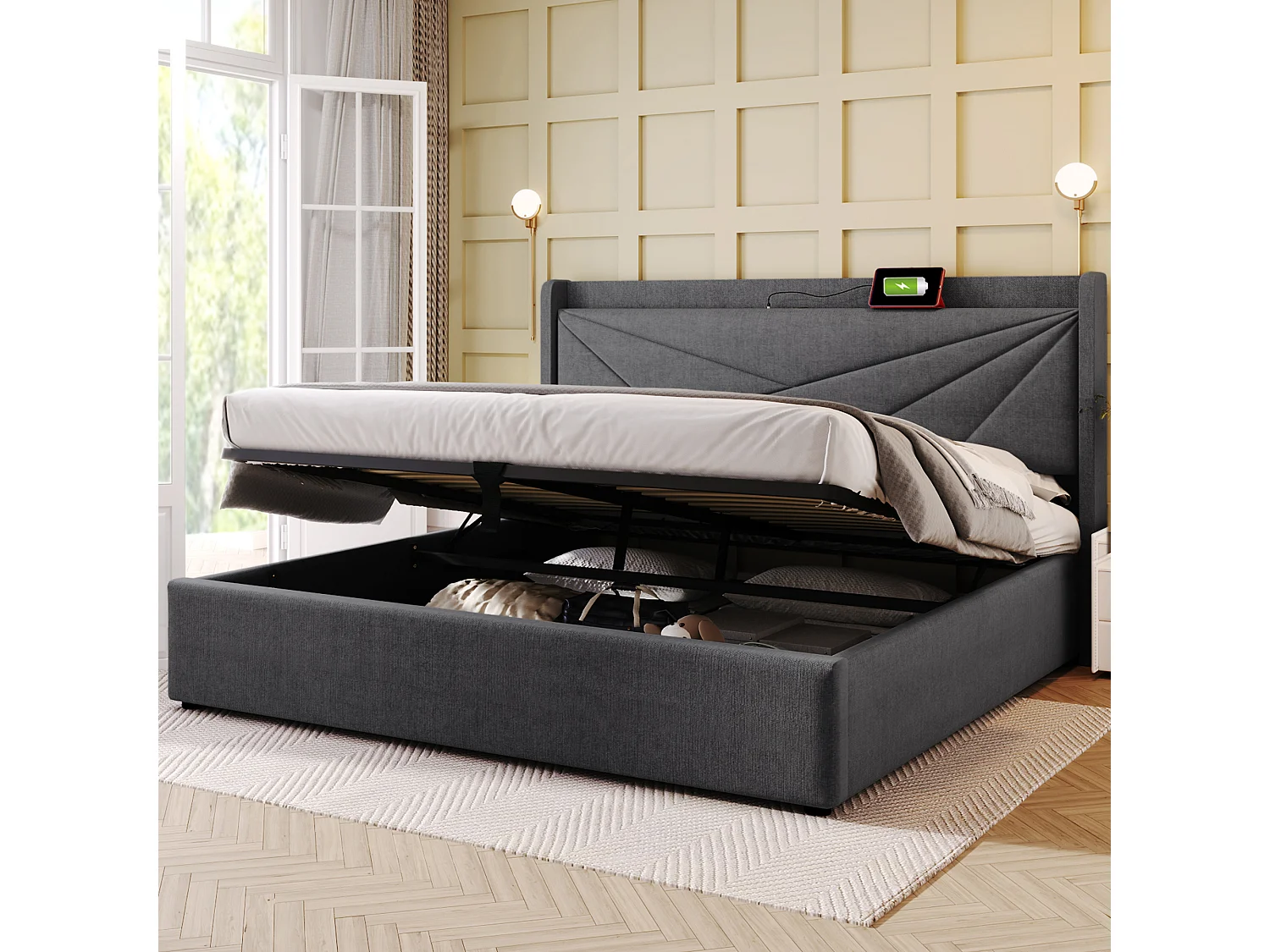 Opbergbed 140x200 cm - tweepersoonsbed met hoofdbord met USB Type C-oplader - linnen - grijs - zonder matras