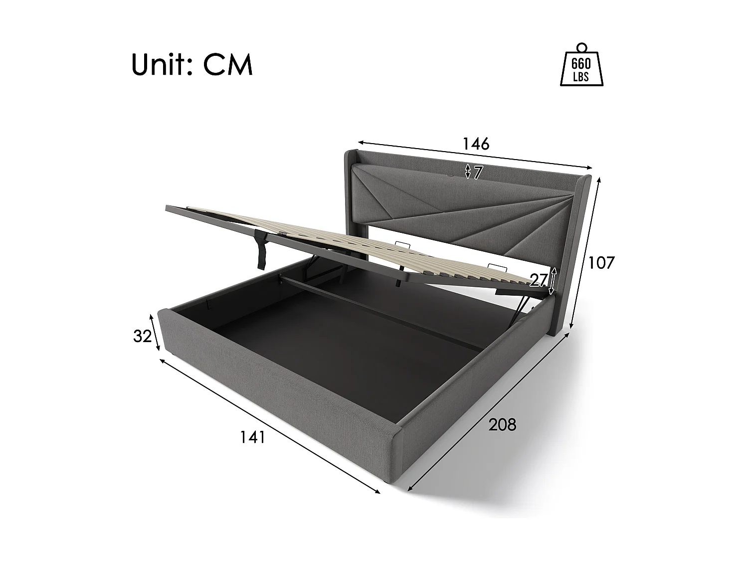 Opbergbed 140x200 cm - tweepersoonsbed met hoofdbord met USB Type C-oplader - linnen - grijs - zonder matras
