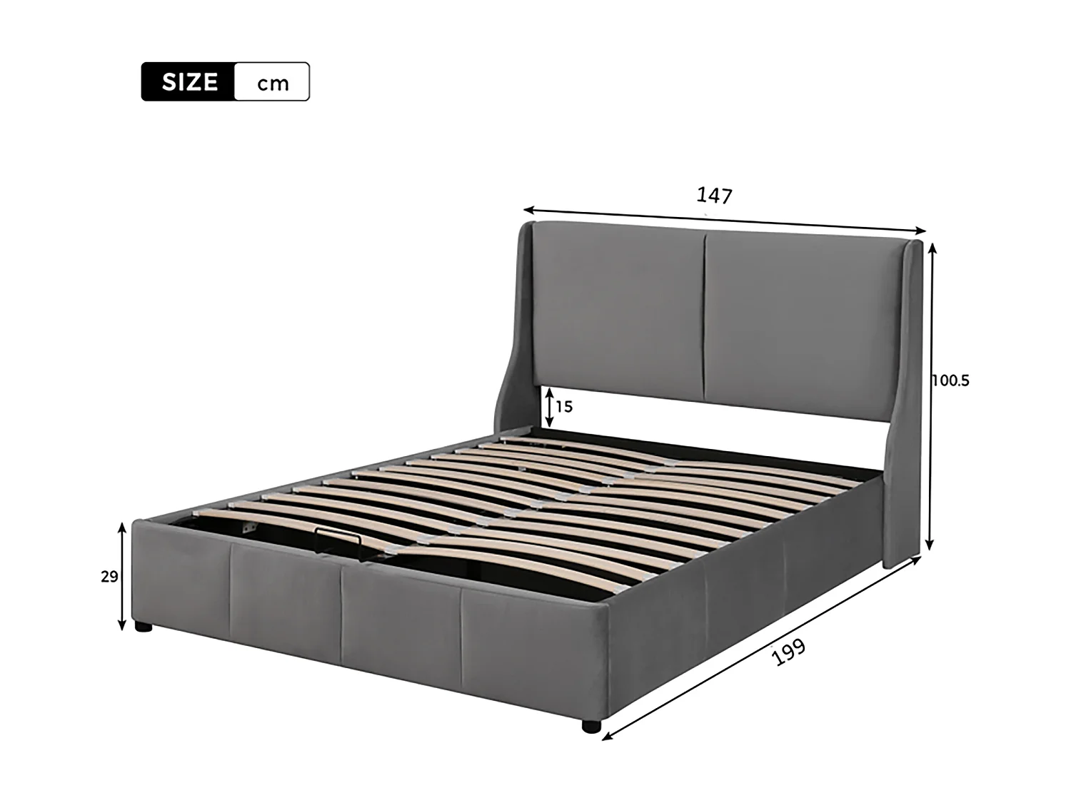 Lit coffre 140x190 cm - Lit adulte - lit à fonction hydraulique - forme oreille - velours - gris