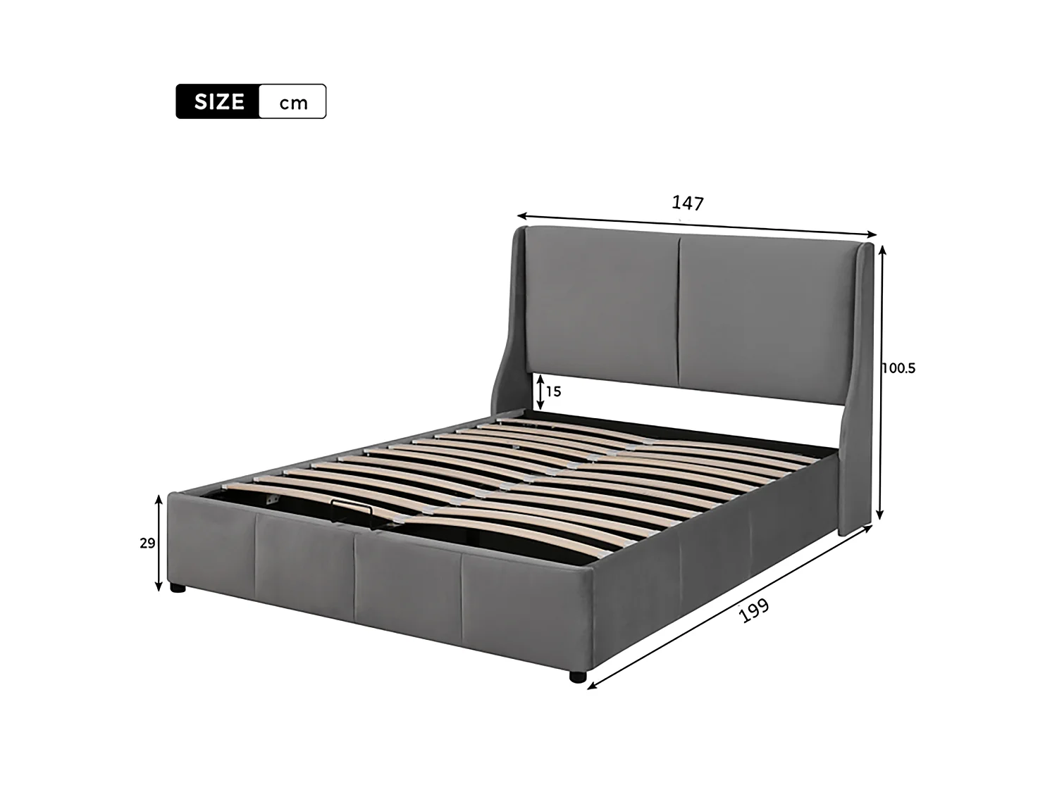 Cama contenedor 140x190 cm - cama acolchada - cama con función hidráulica - forma de oreja - terciopelo - gris