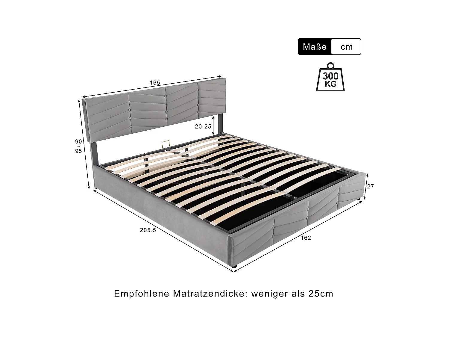 Lit coffre 160x200 cm - Lit double avec tête de lit réglable en hauteur - Style rayé - Velours - Gris