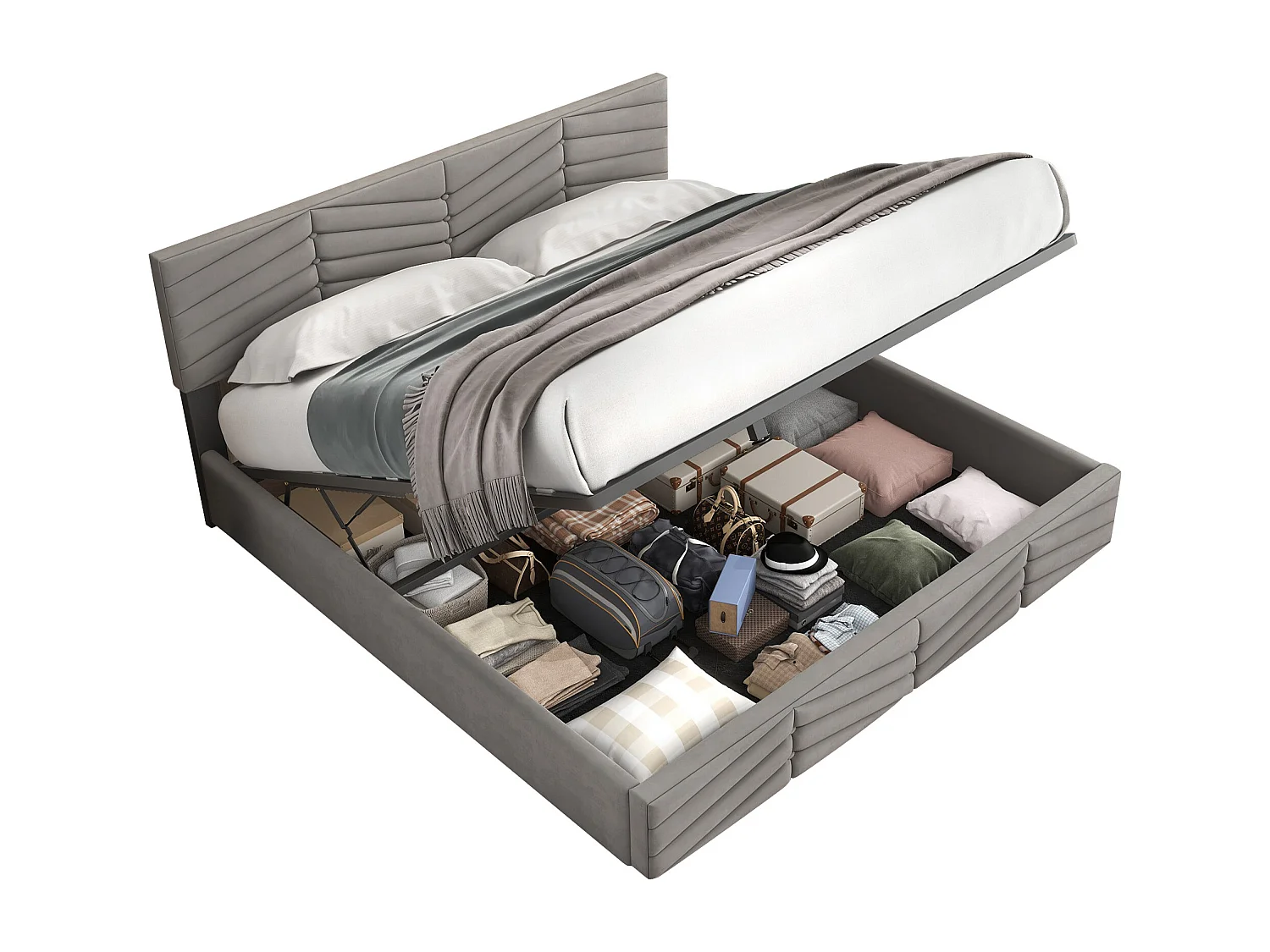 Lit coffre 160x200 cm - Lit double avec tête de lit réglable en hauteur - Style rayé - Velours - Gris