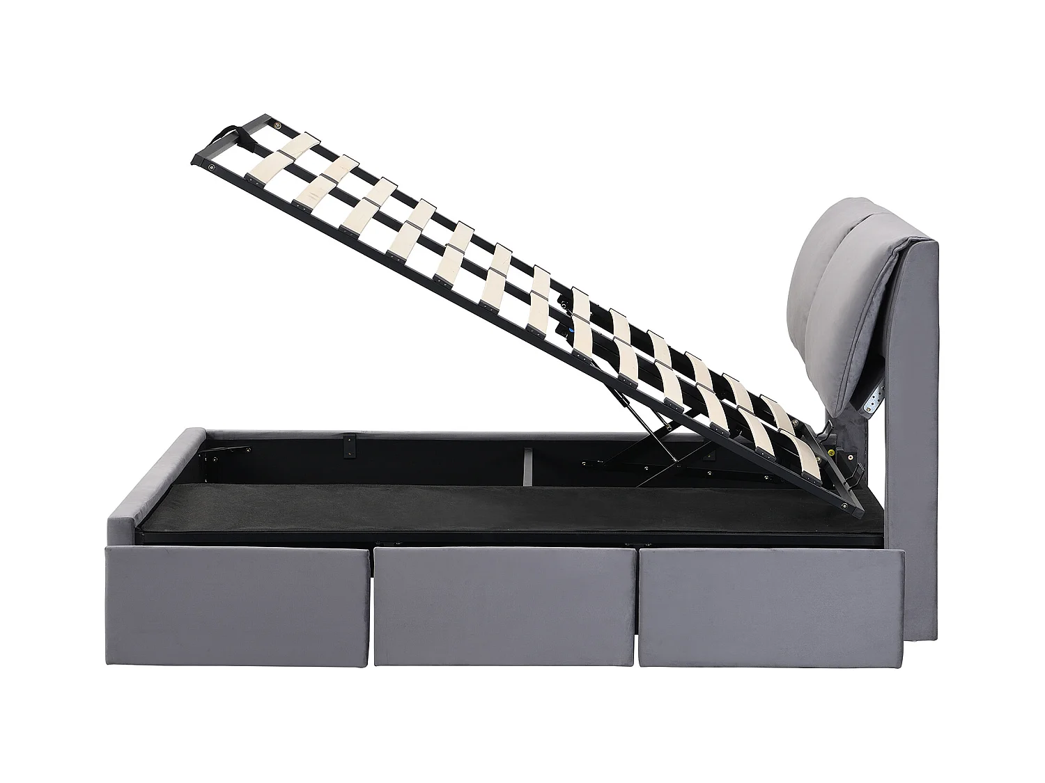 Lit coffre 140x190 cm - Lit adulte avec 3 tiroirs, coffres de rangement et tête de lit - Velours - Gris