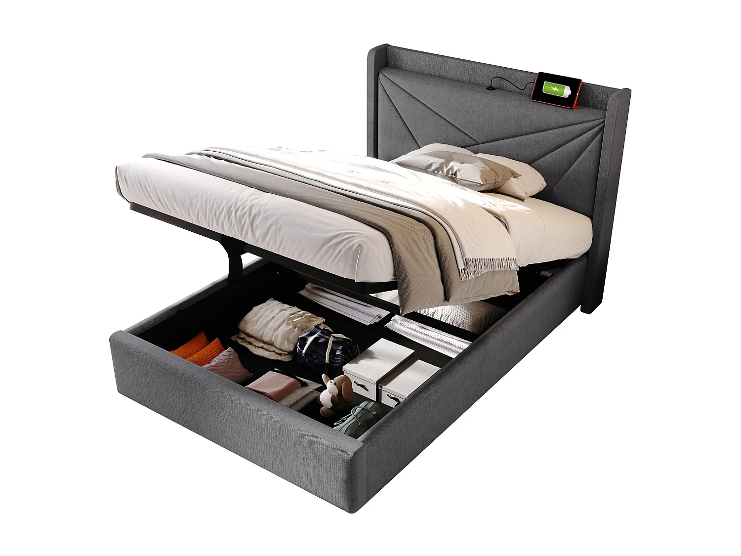 Opbergbed 90x200 cm - kinderbed met hoofdbord met USB Type C-oplader - linnen - grijs - zonder matras