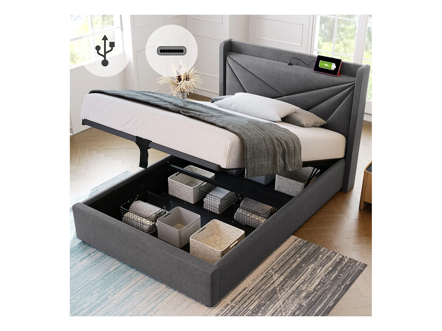 Opbergbed 90x200 cm - kinderbed met hoofdbord met USB Type C-oplader - linnen - grijs - zonder matras