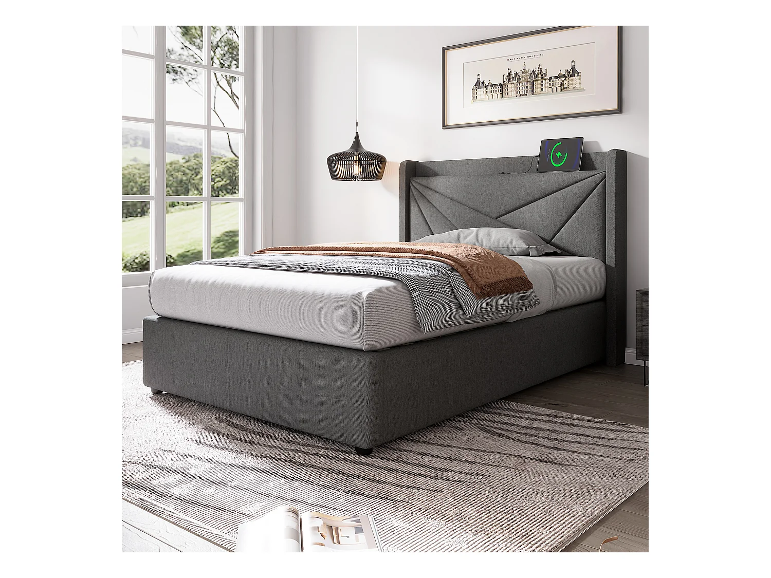 Lit coffre 90x200 cm - lit double capitonné avec tête de lit avec chargement USB Type C - lin - gris - sans matelas