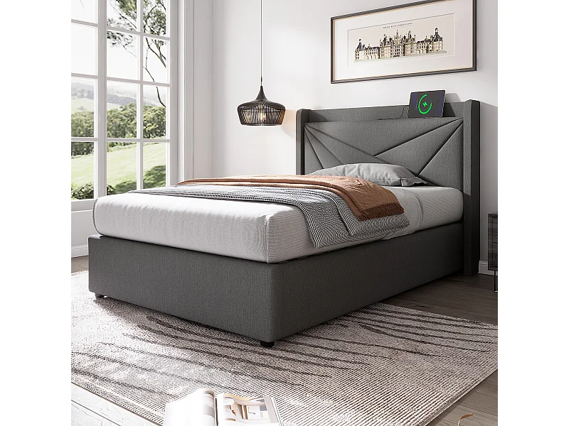 Lit coffre 90x200 cm - lit double capitonné avec tête de lit avec chargement USB Type C - lin - gris - sans matelas