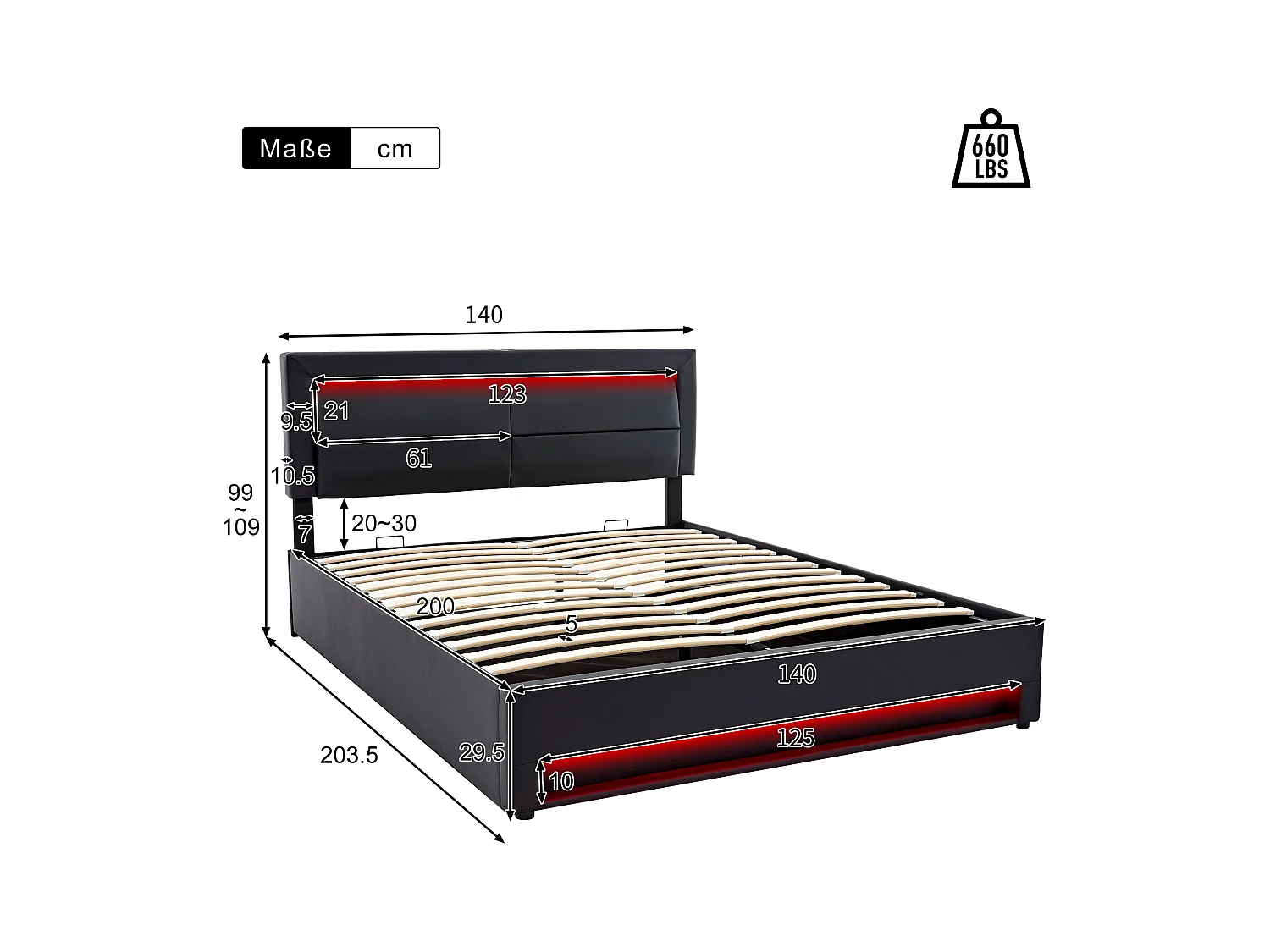 Opbergbed 140x200 cm - volwassen bed met USB-aansluiting, LED-verlichting en opbergruimte - PU - zwart - zonder matras