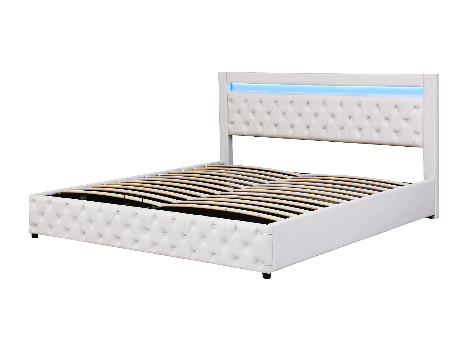 Lit coffre 180x200 cm - lit double avec sommier à lattes, rangements et éclairage LED - PU - blanc