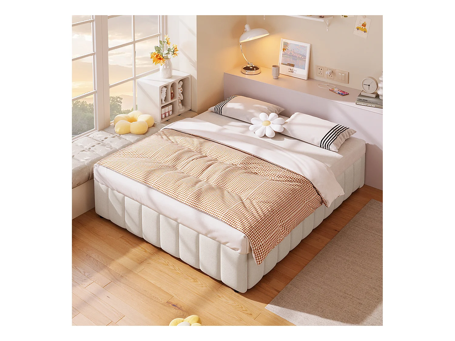 Letto contenitore minimalista 140x200cm in lino beige senza testiera con contenitore idraulico (senza materasso)