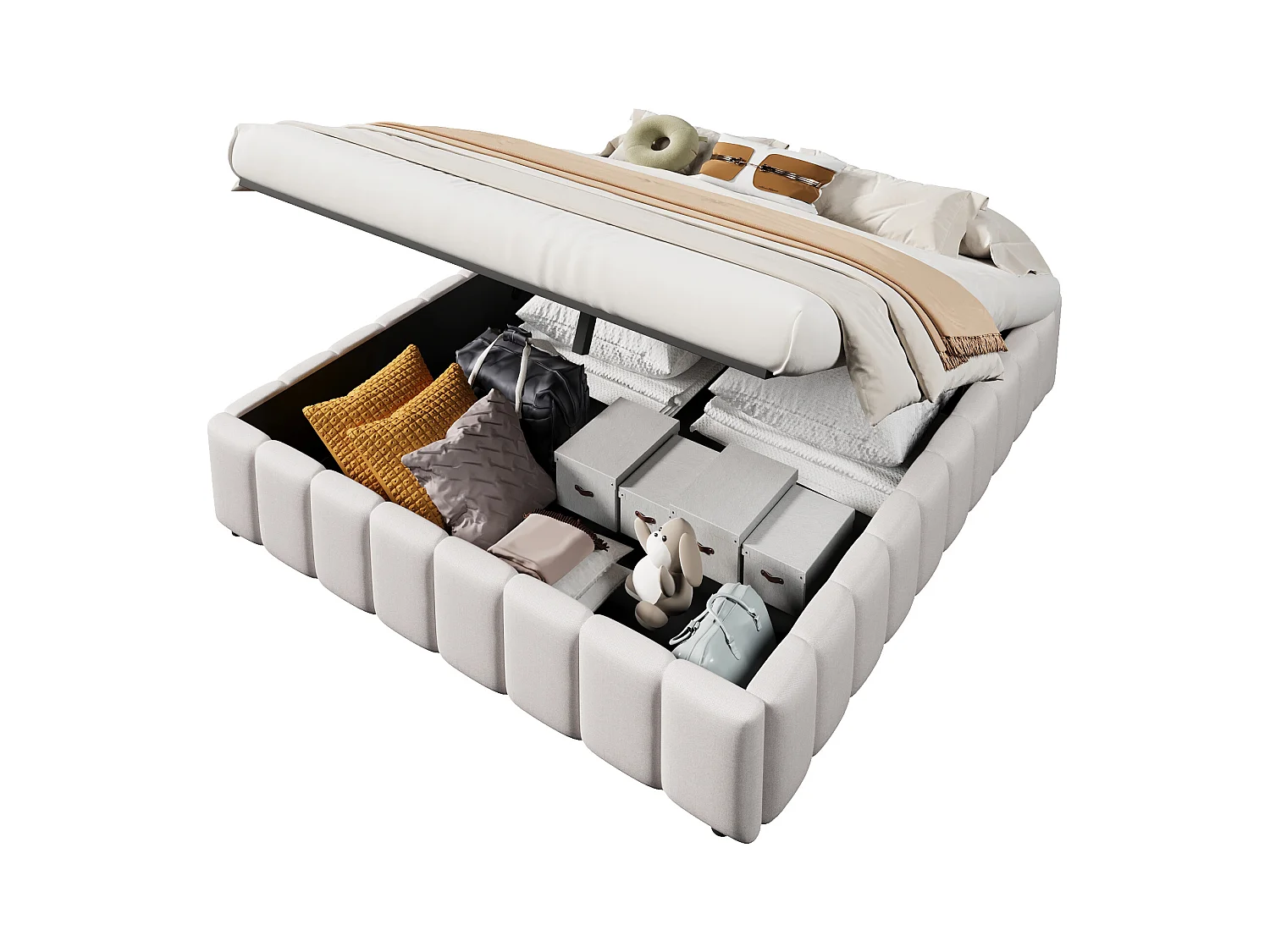 Letto contenitore minimalista 140x200cm in lino beige senza testiera con contenitore idraulico (senza materasso)