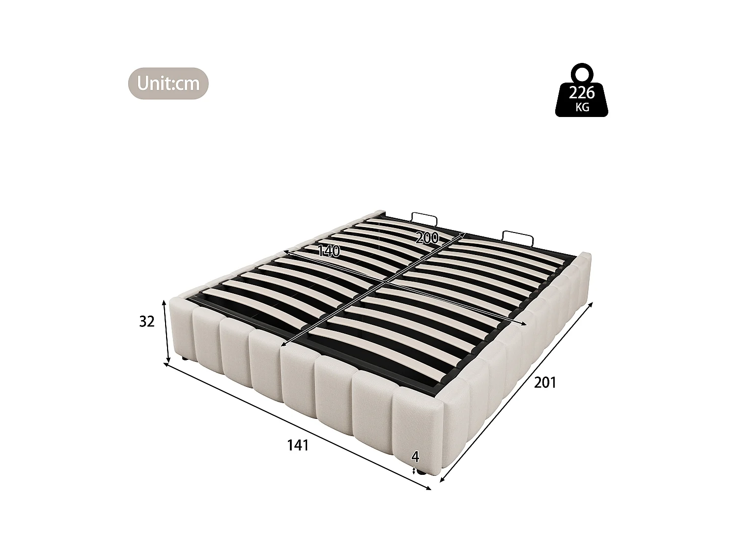 Letto contenitore minimalista 140x200cm in lino beige senza testiera con contenitore idraulico (senza materasso)