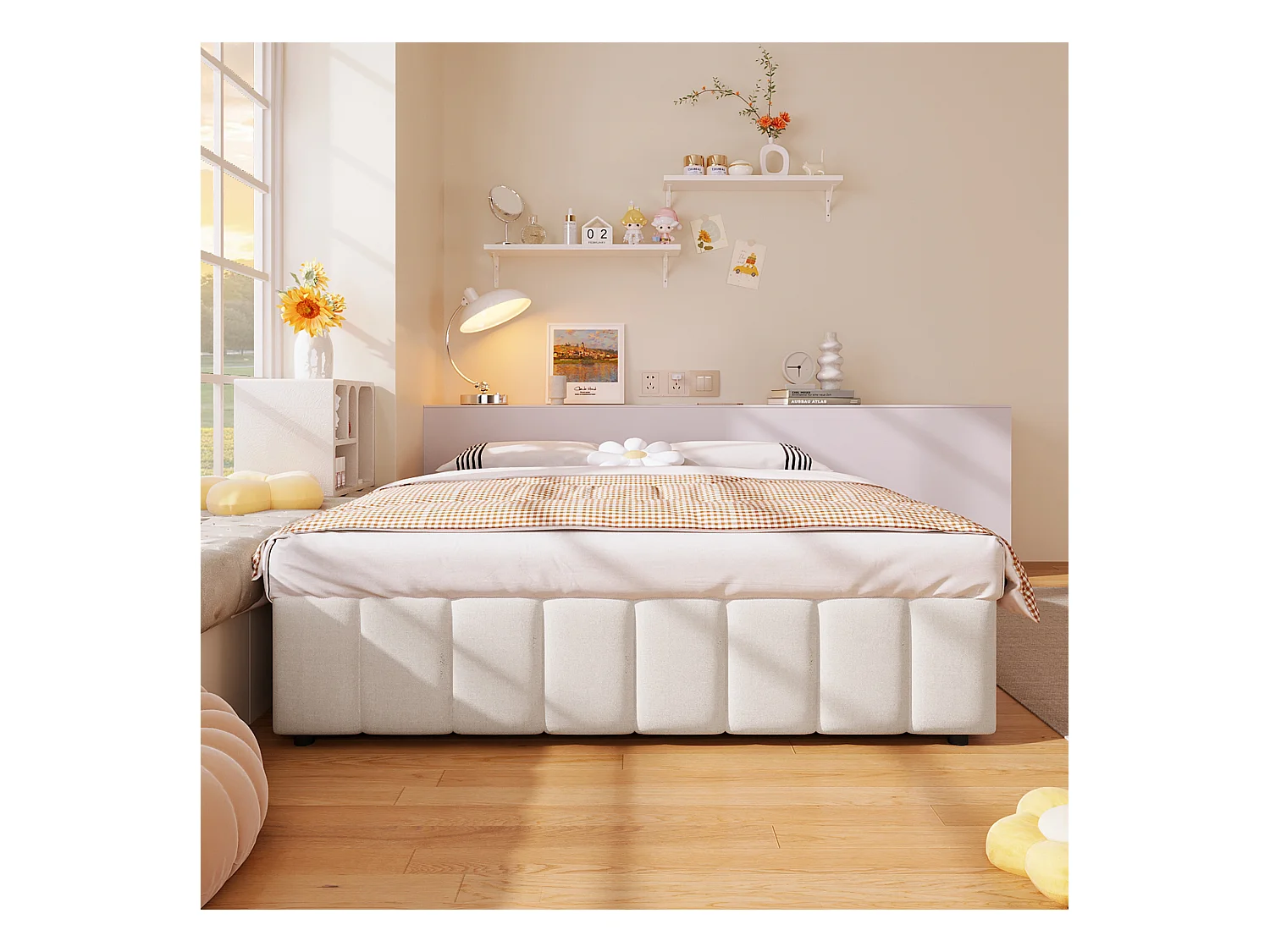 Letto contenitore minimalista 140x200cm in lino beige senza testiera con contenitore idraulico (senza materasso)