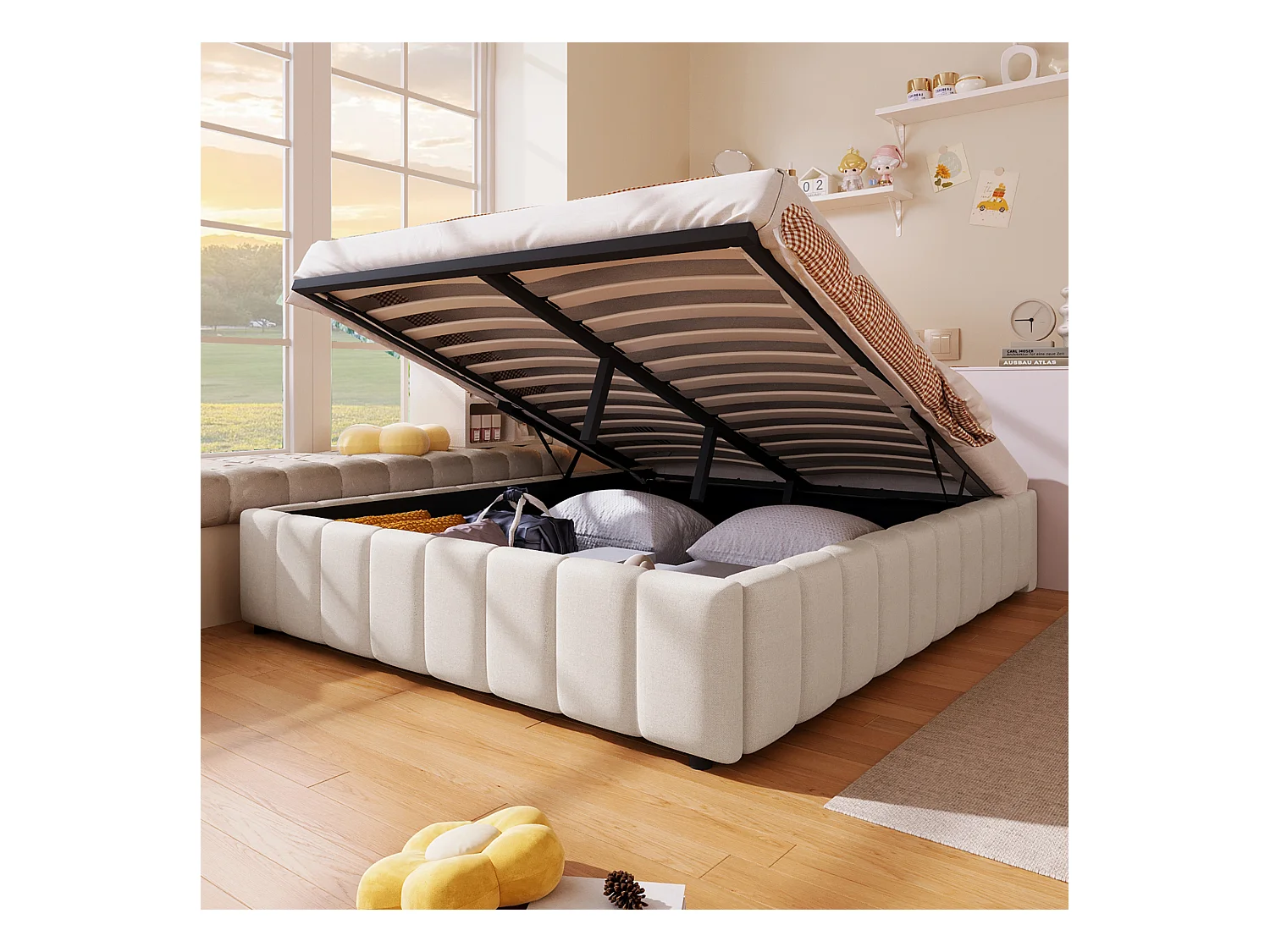 Lit coffre 140x200cm minimaliste, en lin beige sans tête de lit avec rangement hydraulique(sans matelas)