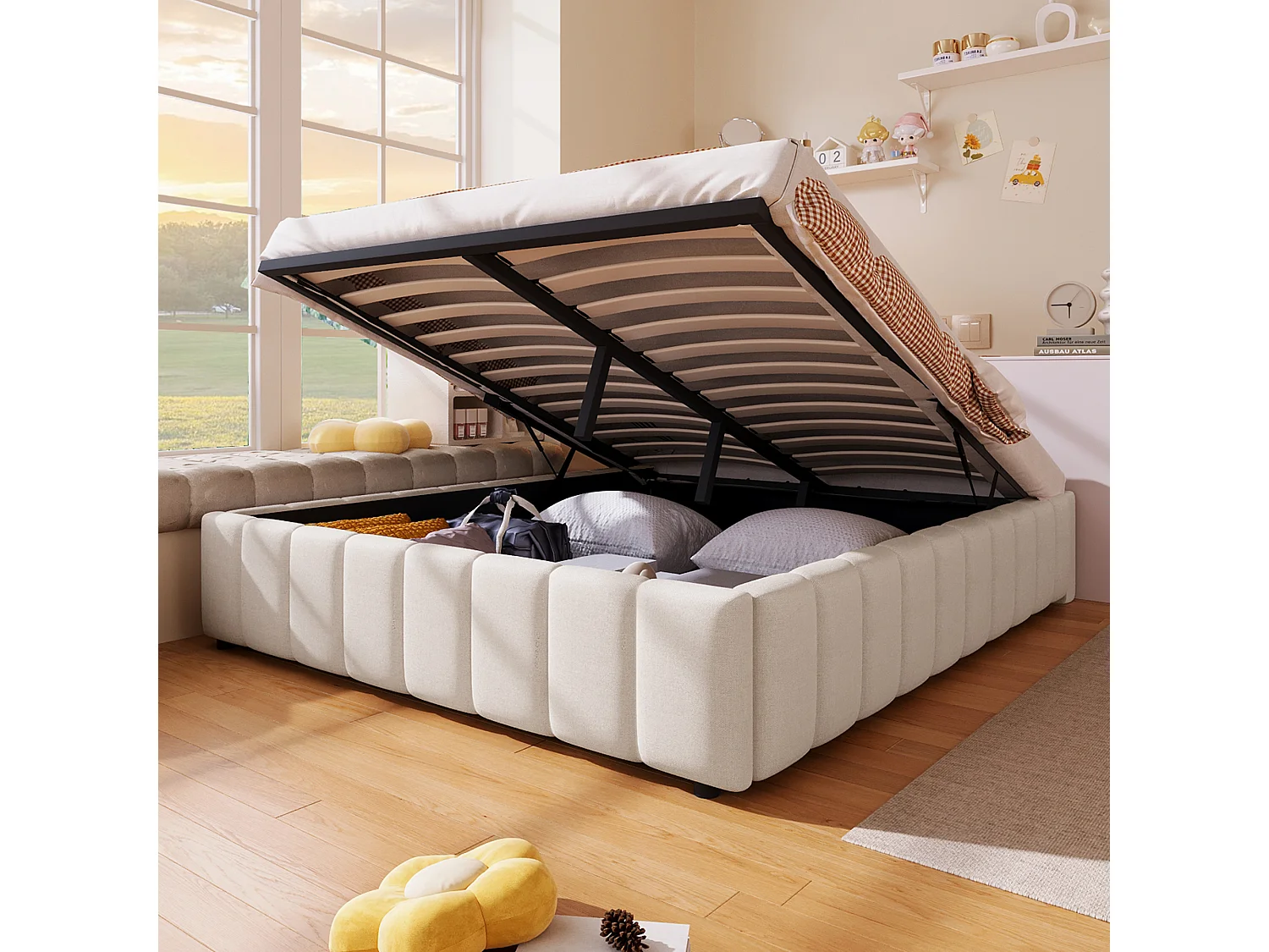 Cama baúl 140x200 cm minimalista, en lino beige sin cabecero con almacenamiento hidráulico (sin colchón)