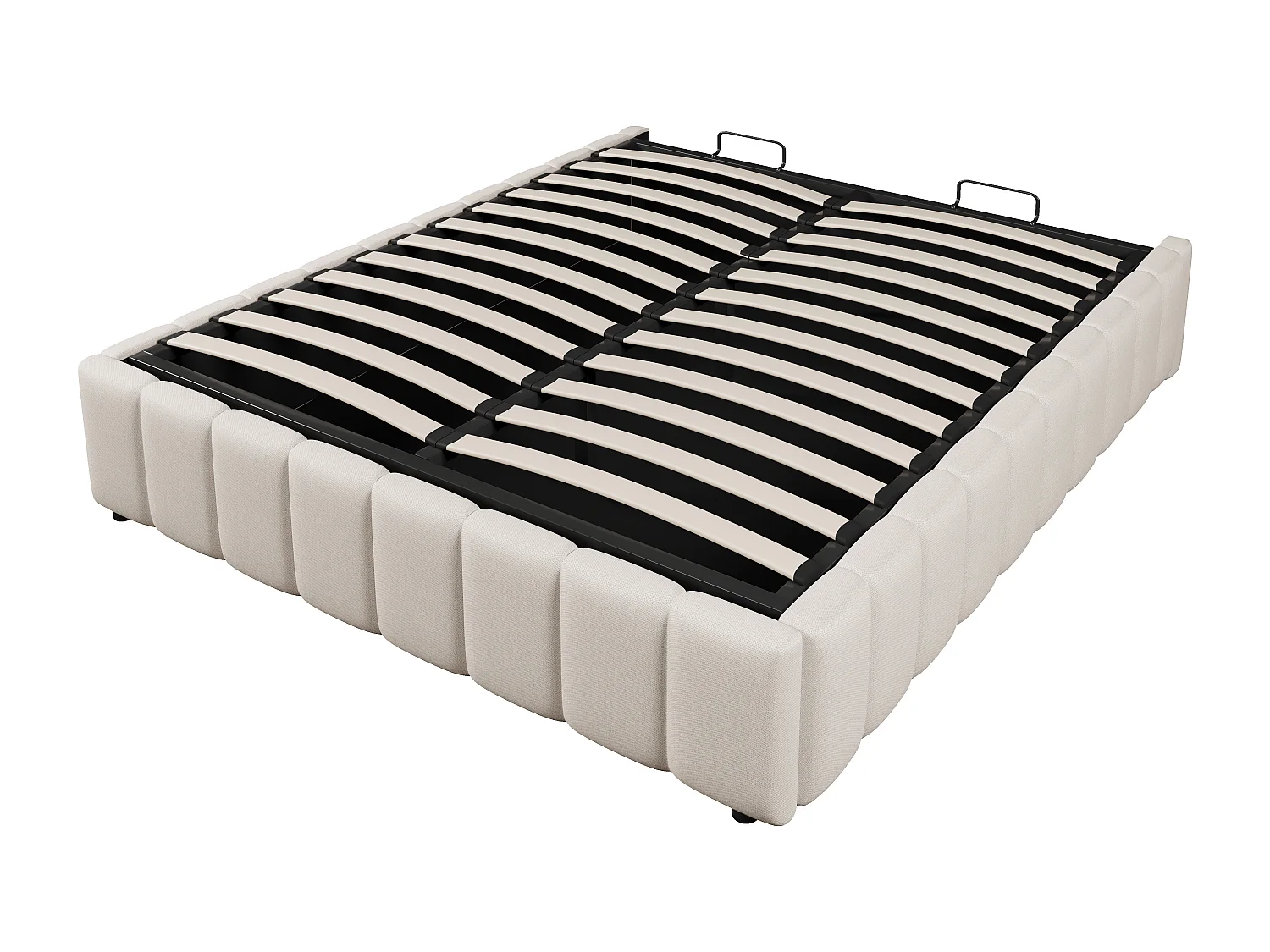 Cama baúl 140x200 cm minimalista, en lino beige sin cabecero con almacenamiento hidráulico (sin colchón)