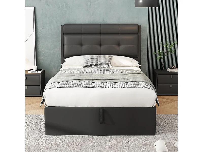 Lit coffre 90x200 cm - lit capitonné avec sommier à lattes et tête de lit coffre - PU - noir - sans matelas