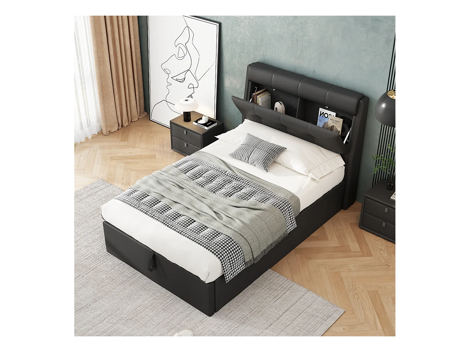 Lit coffre 90x200 cm - lit capitonné avec sommier à lattes et tête de lit coffre - PU - noir - sans matelas