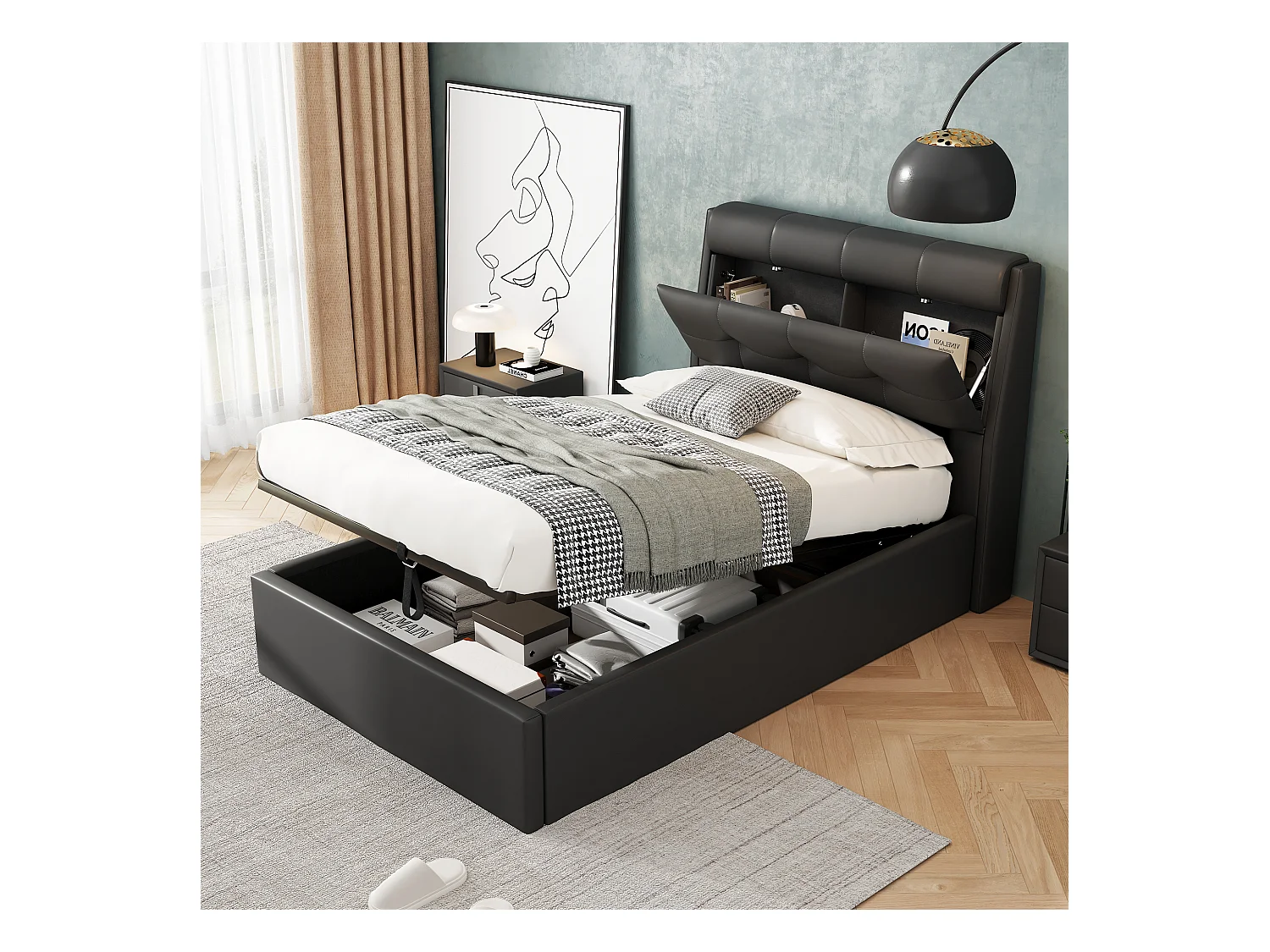 Lit coffre 90x200 cm - lit capitonné avec sommier à lattes et tête de lit coffre - PU - noir - sans matelas