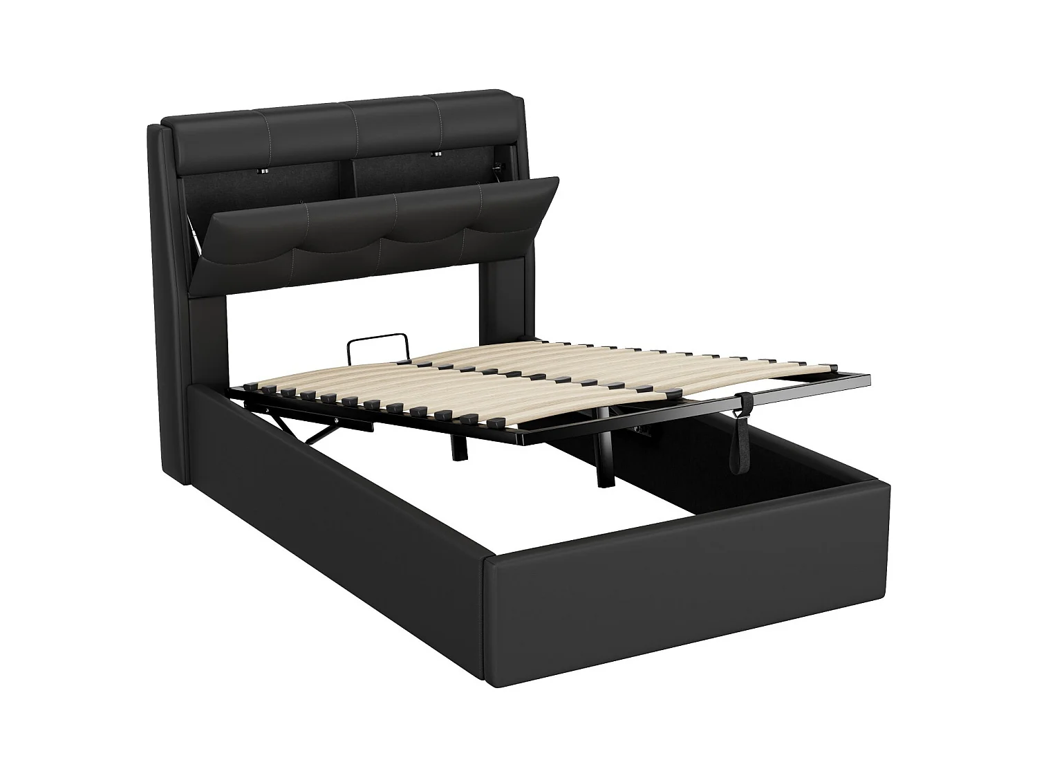 Opbergbed 90x200 cm - kinderbed met lattenbodem en opberghoofdeinde - PU - zwart - zonder matras