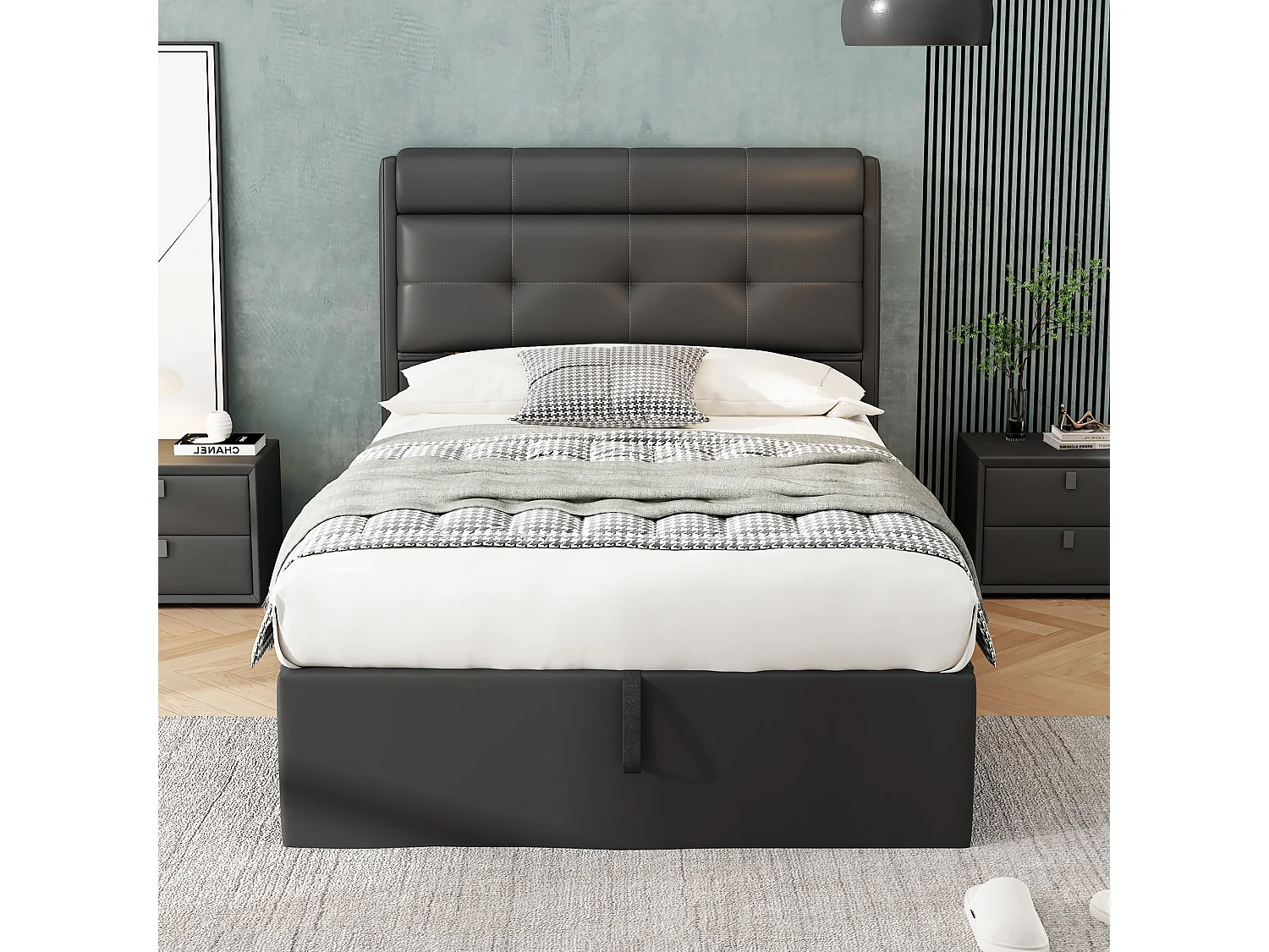 Lit coffre 90x200 cm - lit capitonné avec sommier à lattes et tête de lit coffre - PU - noir - sans matelas