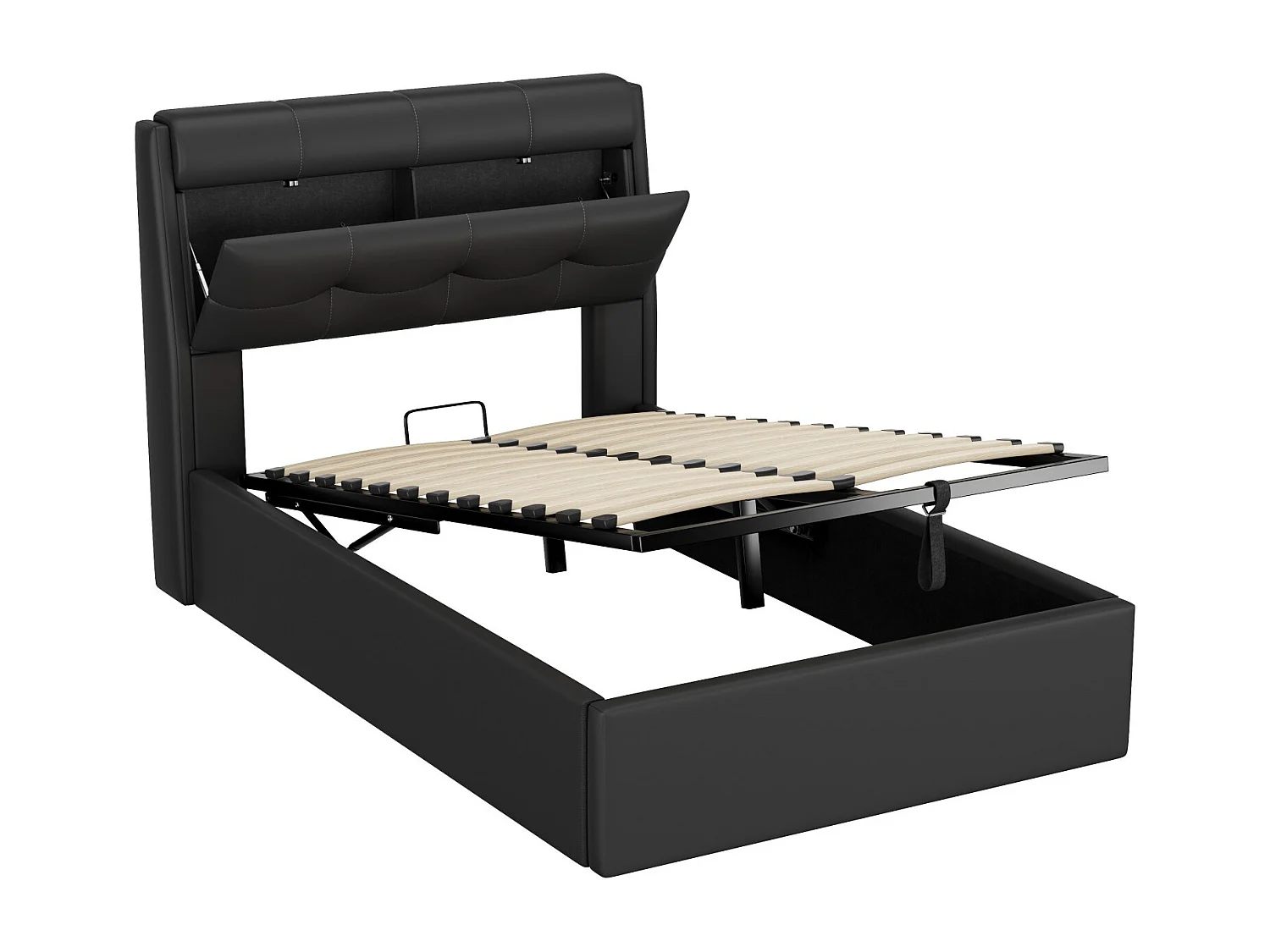 Lit coffre 90x200 cm - lit capitonné avec sommier à lattes et tête de lit coffre - PU - noir - sans matelas