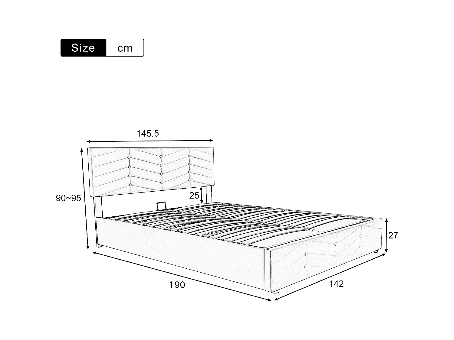Letto contenitore 140x190 cm - letto imbottito con testiera regolabile in altezza - stile rigato - velluto - grigio