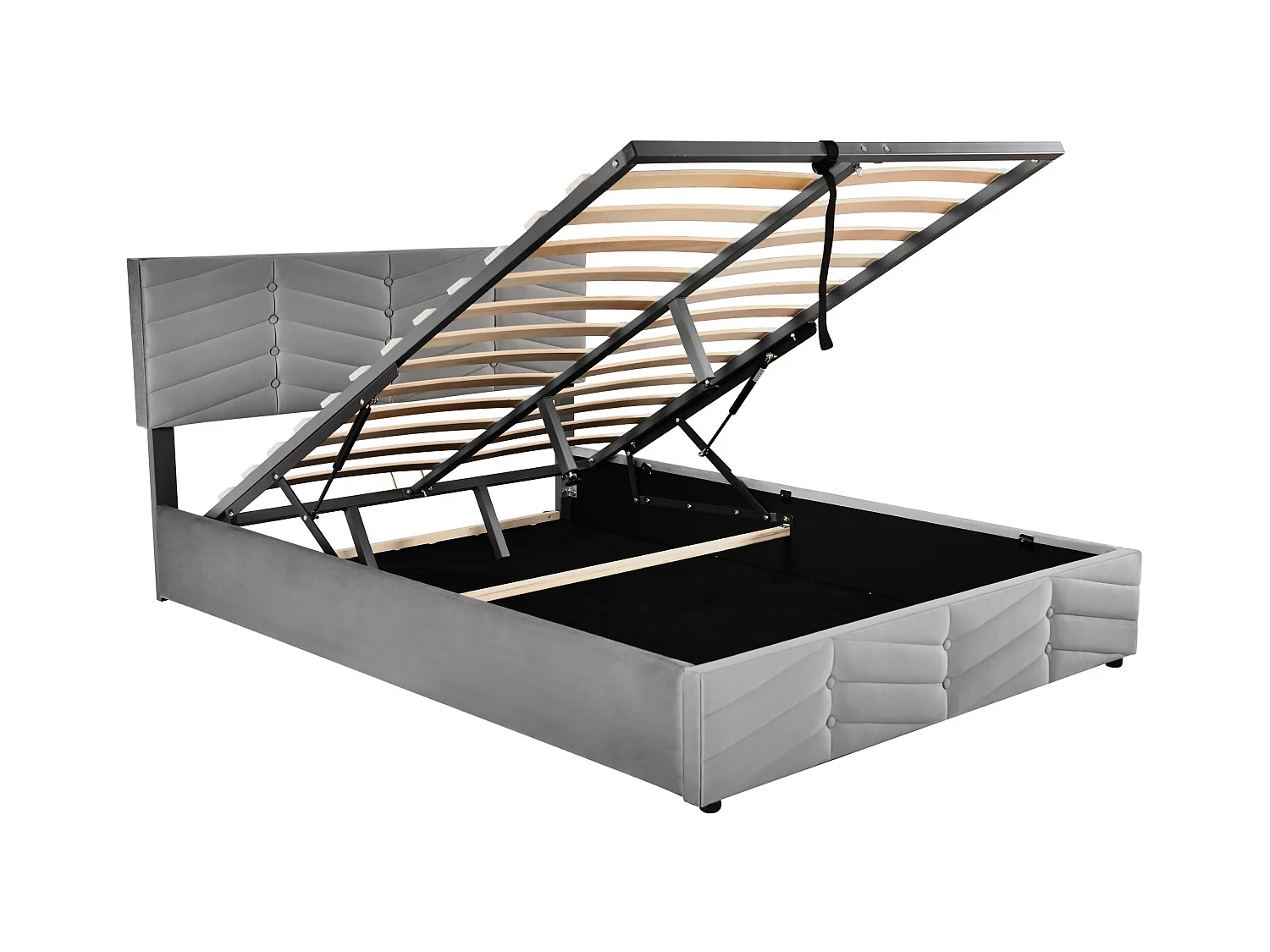 Letto contenitore 140x190 cm - letto imbottito con testiera regolabile in altezza - stile rigato - velluto - grigio