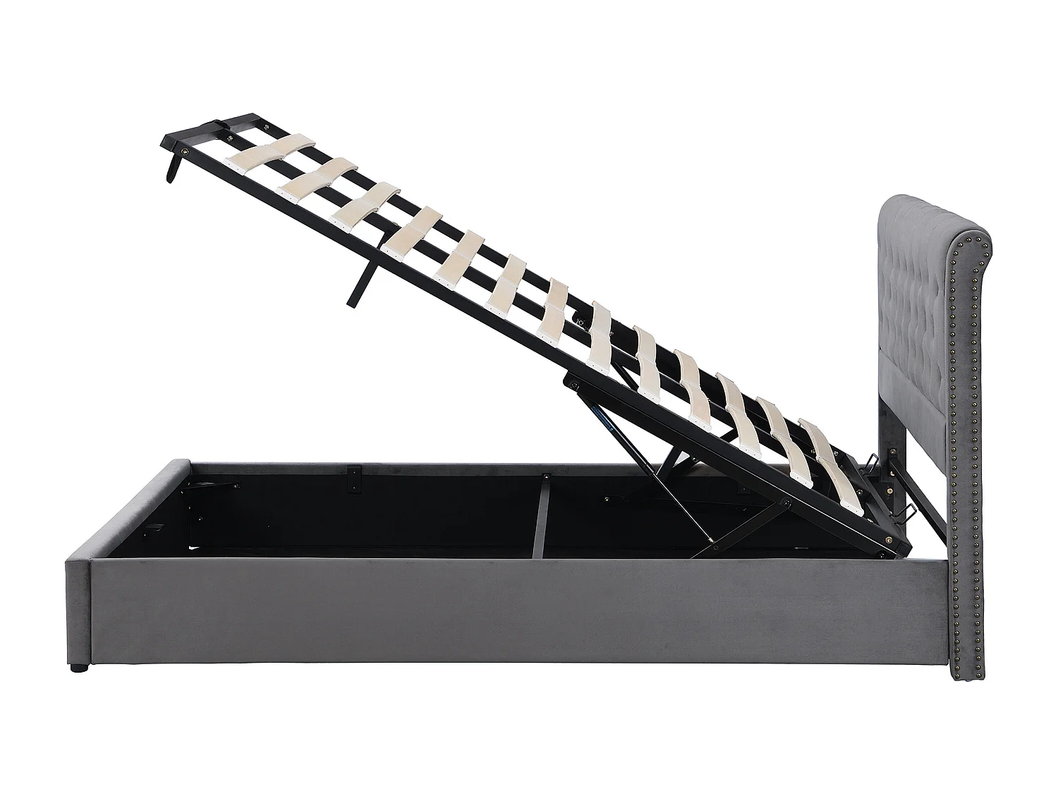 Lit coffre adulte 140x190 cm, gris en velours, lit double rembourré hydraulique, sans matelas