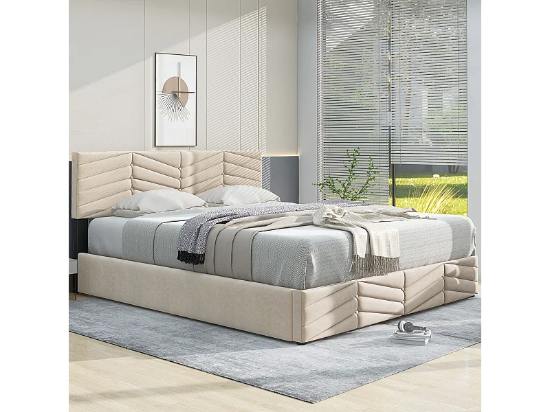 Opbergbed 140x200 cm - Volwassen bed met in hoogte verstelbaar hoofdeinde - Gestreept model - Fluweel - Beige
