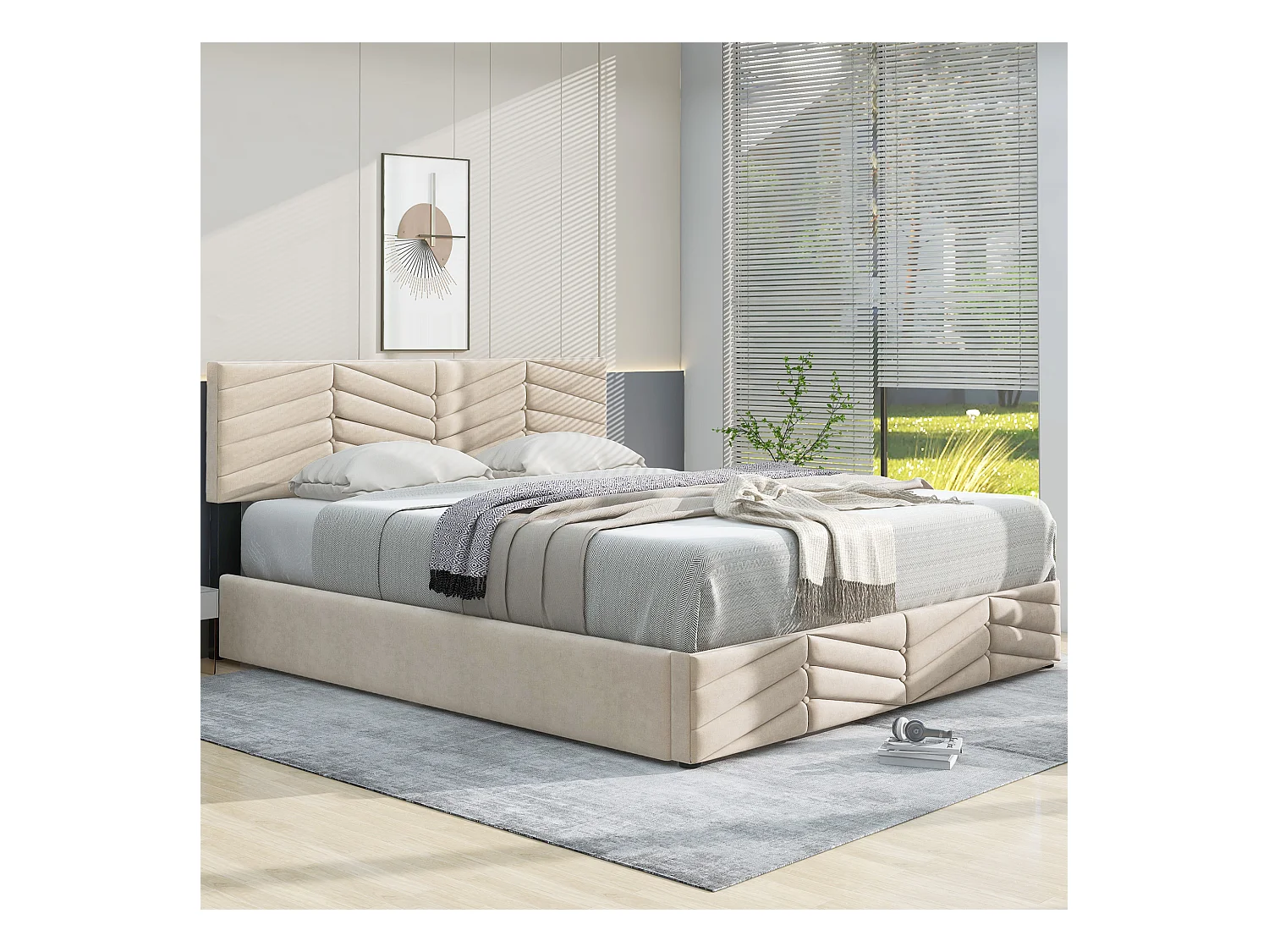 Letto contenitore 140x200 cm - letto imbottito con testiera regolabile in altezza - stile rigato - velluto - beige