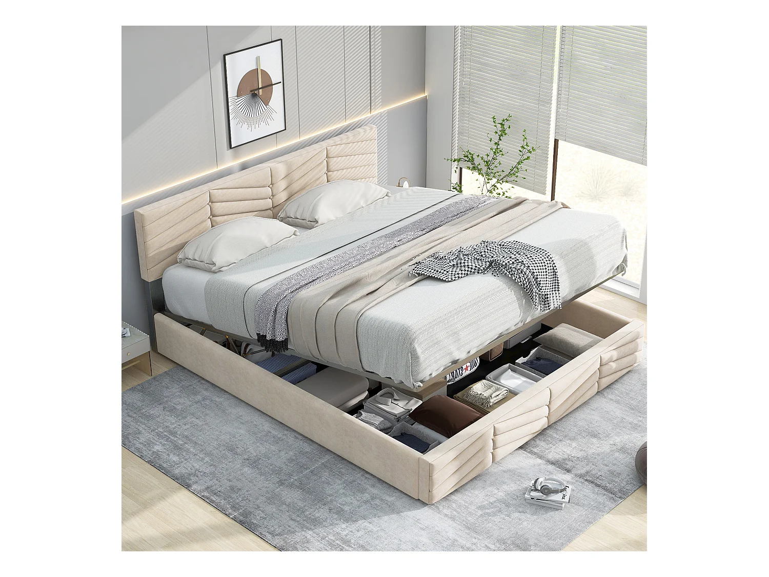 Lit coffre 140x200 cm - Lit double avec tête de lit réglable en hauteur - Style rayé - Velours - Beige