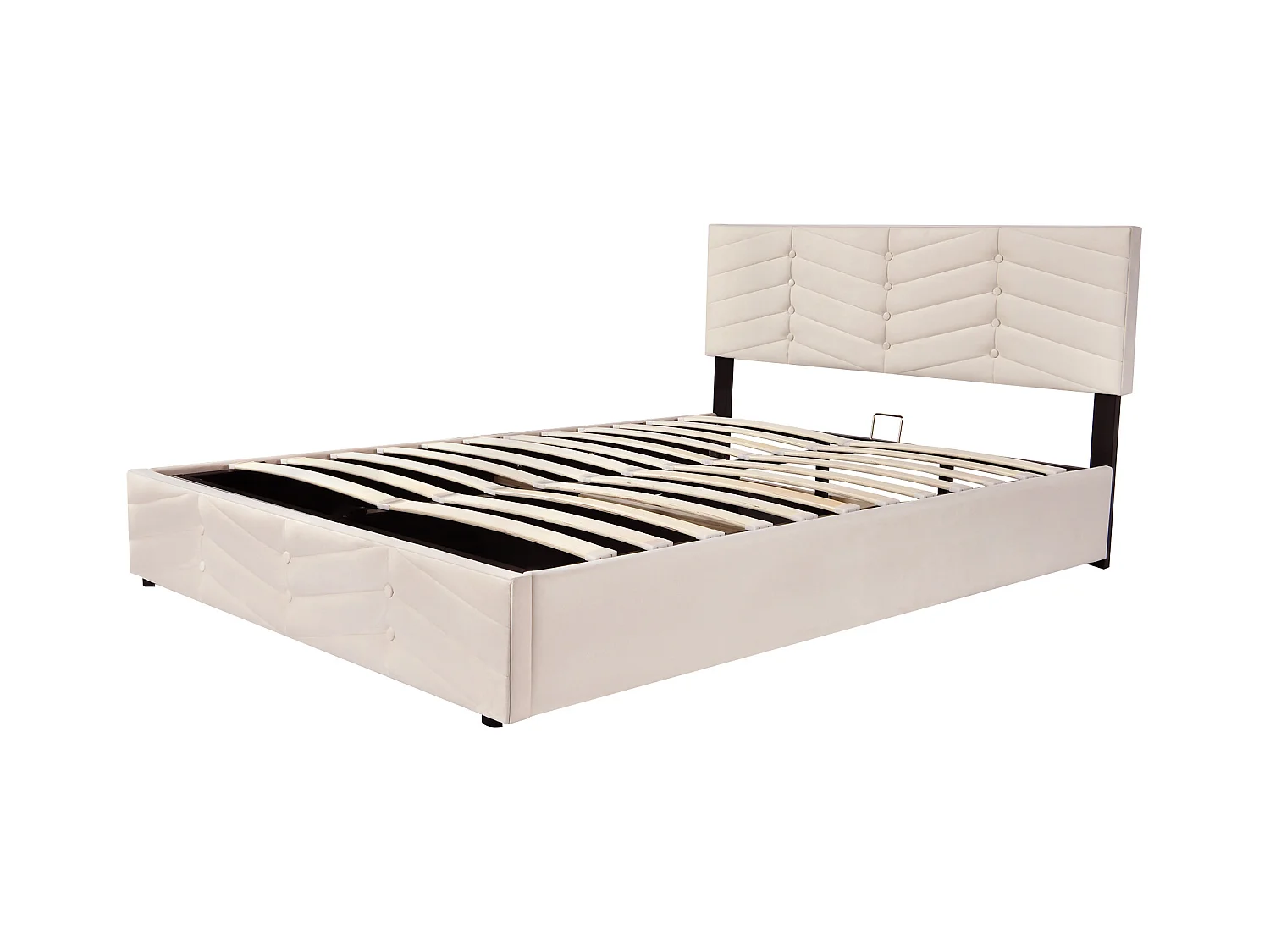 Lit coffre 140x200 cm - Lit double avec tête de lit réglable en hauteur - Style rayé - Velours - Beige