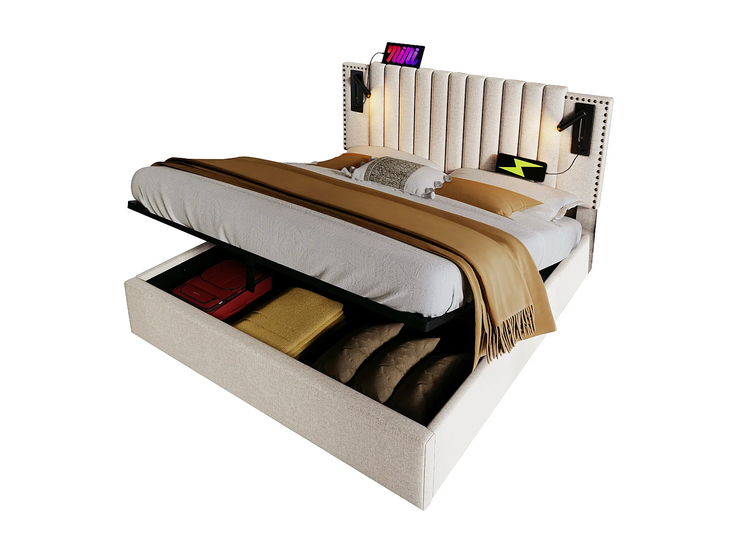 Opbergbed 180x200 cm - tweepersoonsbed met USB-oplaadfunctie en leeslamp - katoen - beige - zonder matras