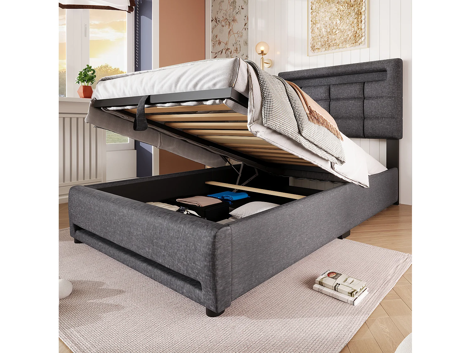 Lit coffre enfant adulte 90x200cm, en Lin gris avec Éclairage LED, Prise USB(sans matelas)