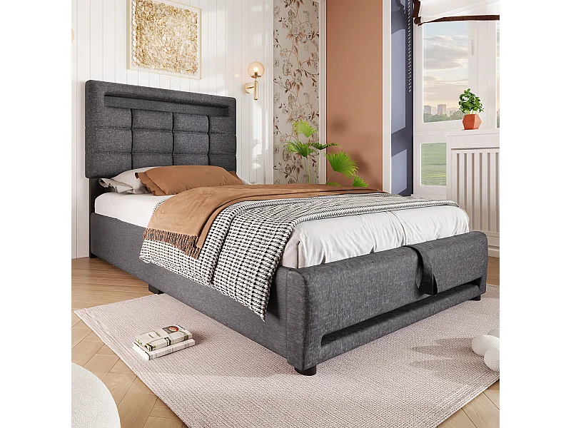 Cama baú simples para adulto 90x200cm, em linho cinza com iluminação LED, entrada USB (sem colchão)