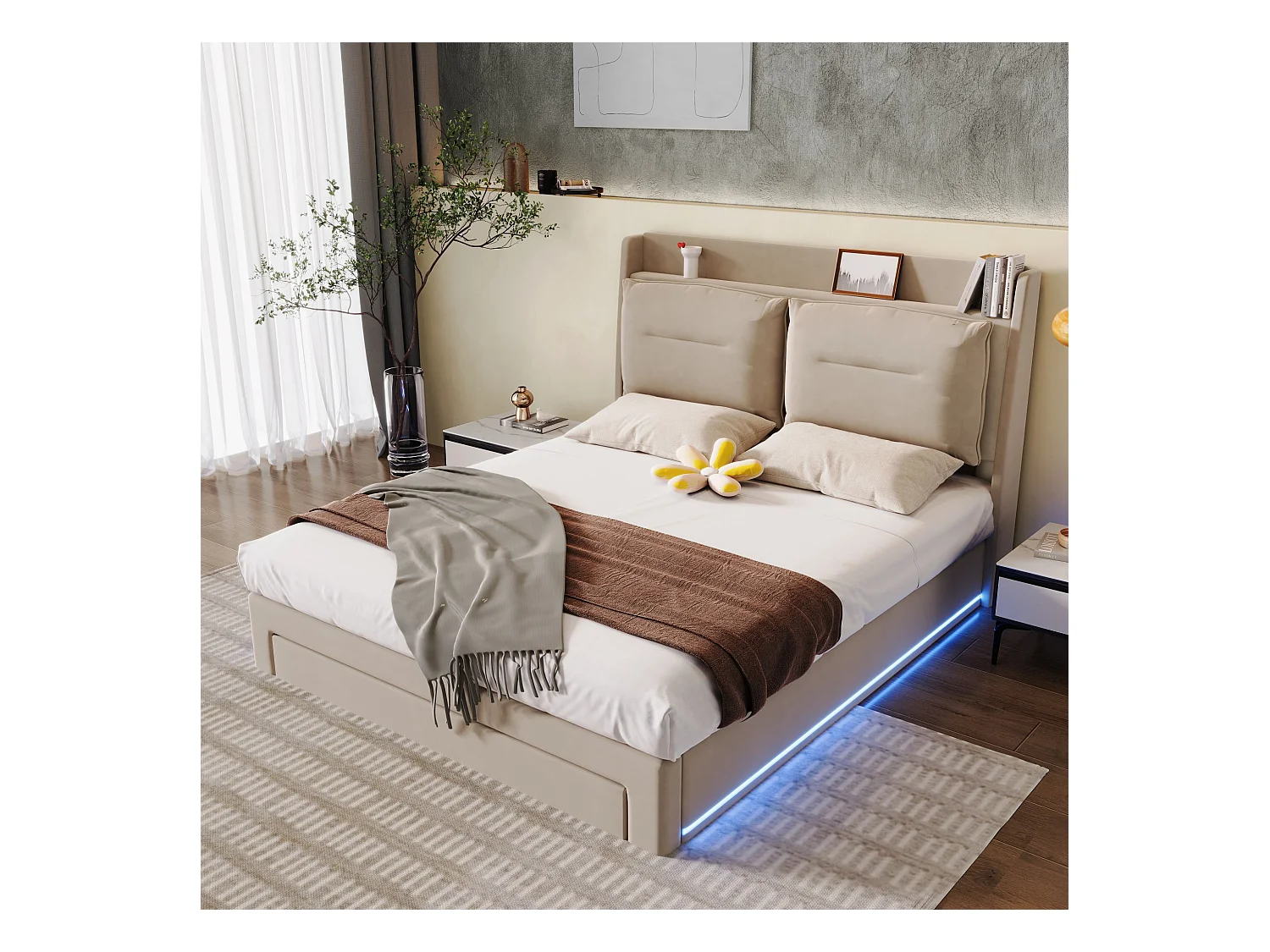 Lit coffre 180x200 cm - lit capitonné avec tiroir de rangement 2 en 1 et bande lumineuse LED - velours - beige - sans matelas