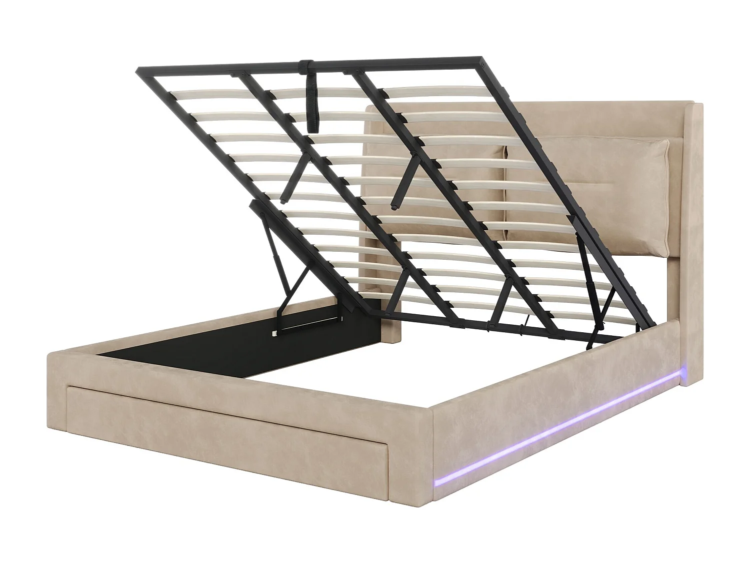 Lit coffre 180x200 cm - lit capitonné avec tiroir de rangement 2 en 1 et bande lumineuse LED - velours - beige - sans matelas
