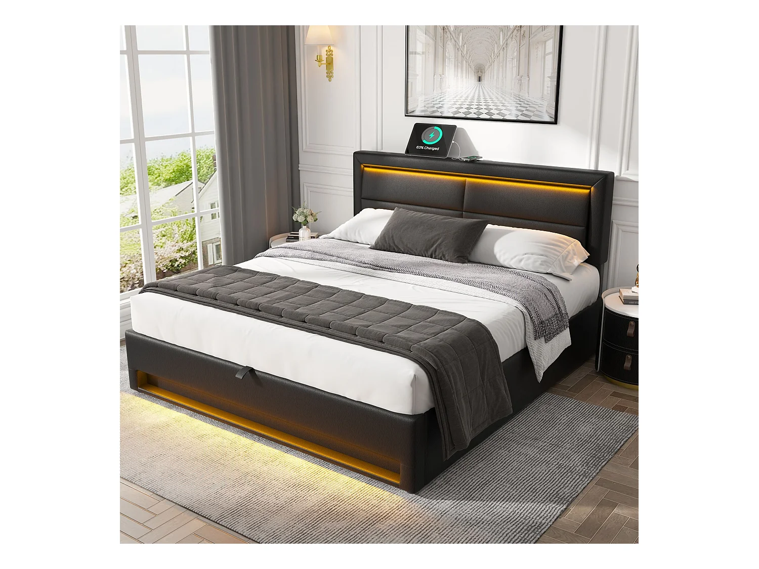 Lit coffre 160x200 cm - lit adulte avec port USB, éclairage LED et rangements - PU - noir - sans matelas