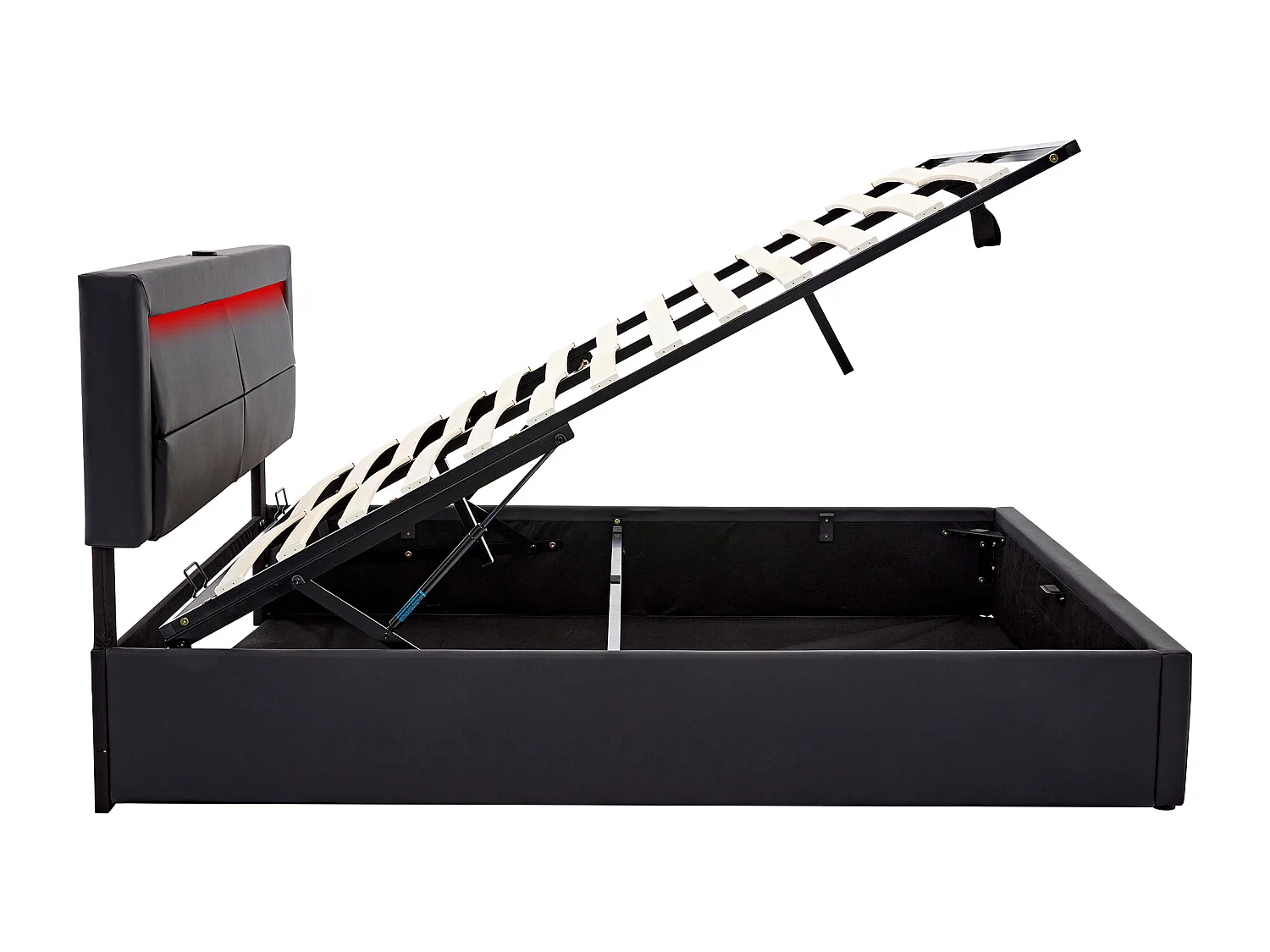Lit coffre 160x200 cm - lit adulte avec port USB, éclairage LED et rangements - PU - noir - sans matelas