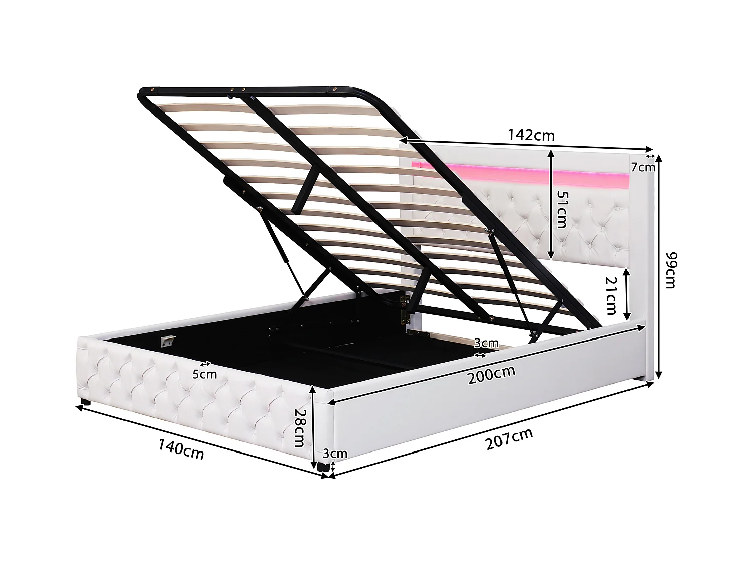 Lit coffre 140x200 cm - lit adulte avec sommier à lattes, rangements et éclairage LED - PU - blanc