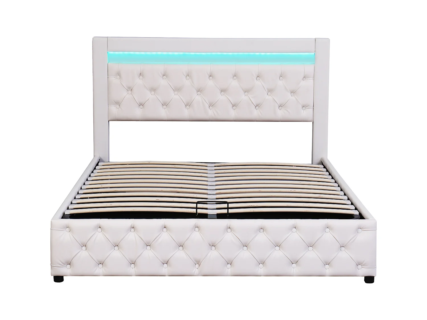 Lit coffre 140x200 cm - lit adulte avec sommier à lattes, rangements et éclairage LED - PU - blanc